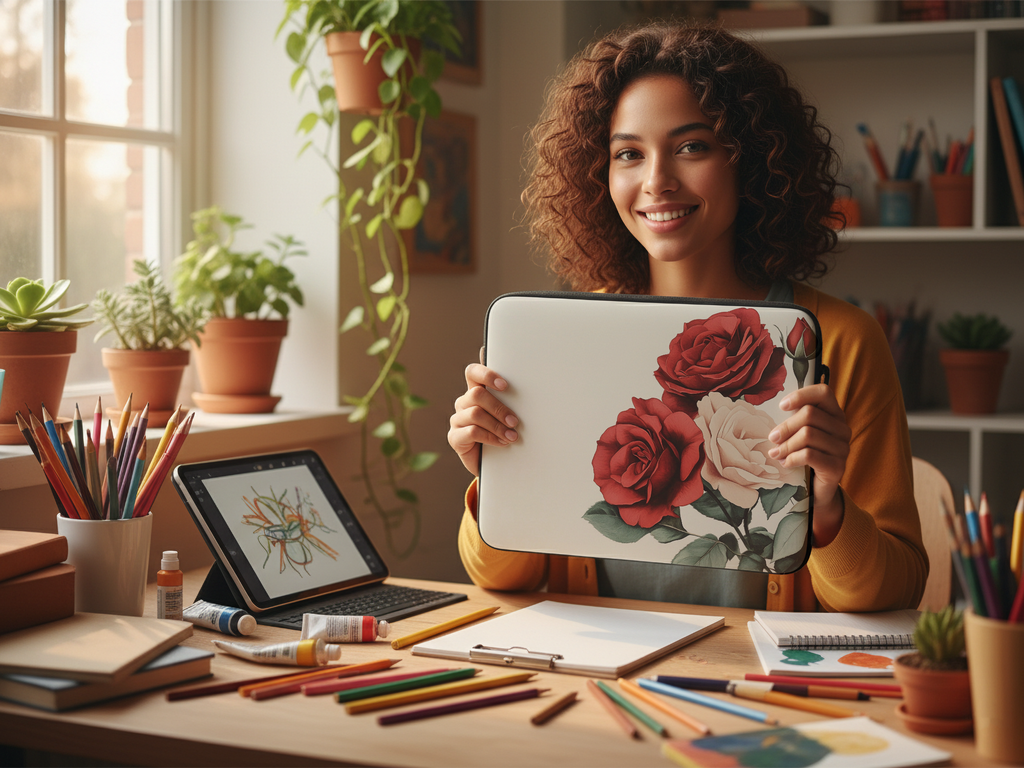 Rose Art Laptop Sleeve with Custom Name Personalized Botanical Tech Cover