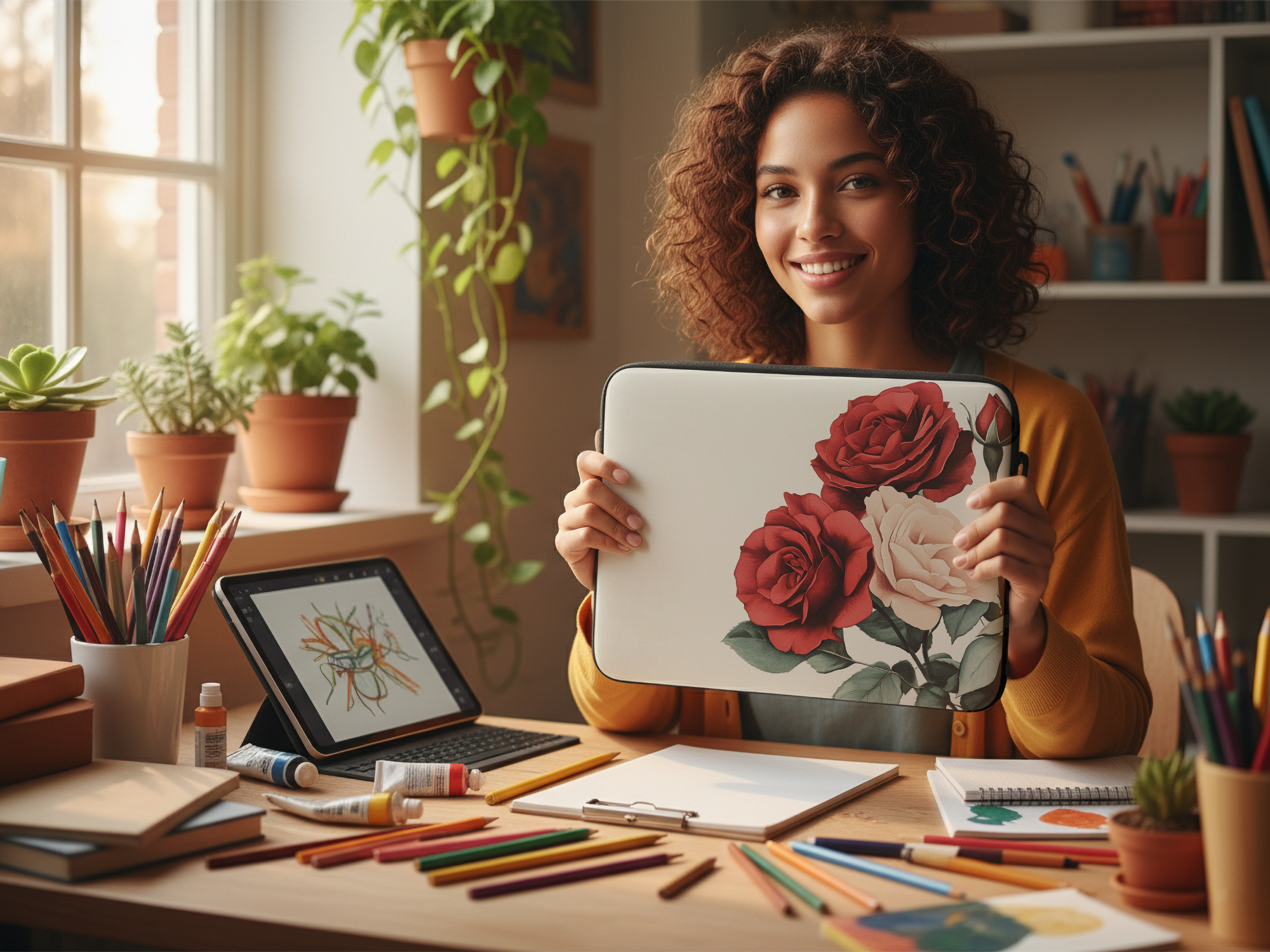 Rose Art Laptop Sleeve with Custom Name Personalized Botanical Tech Cover