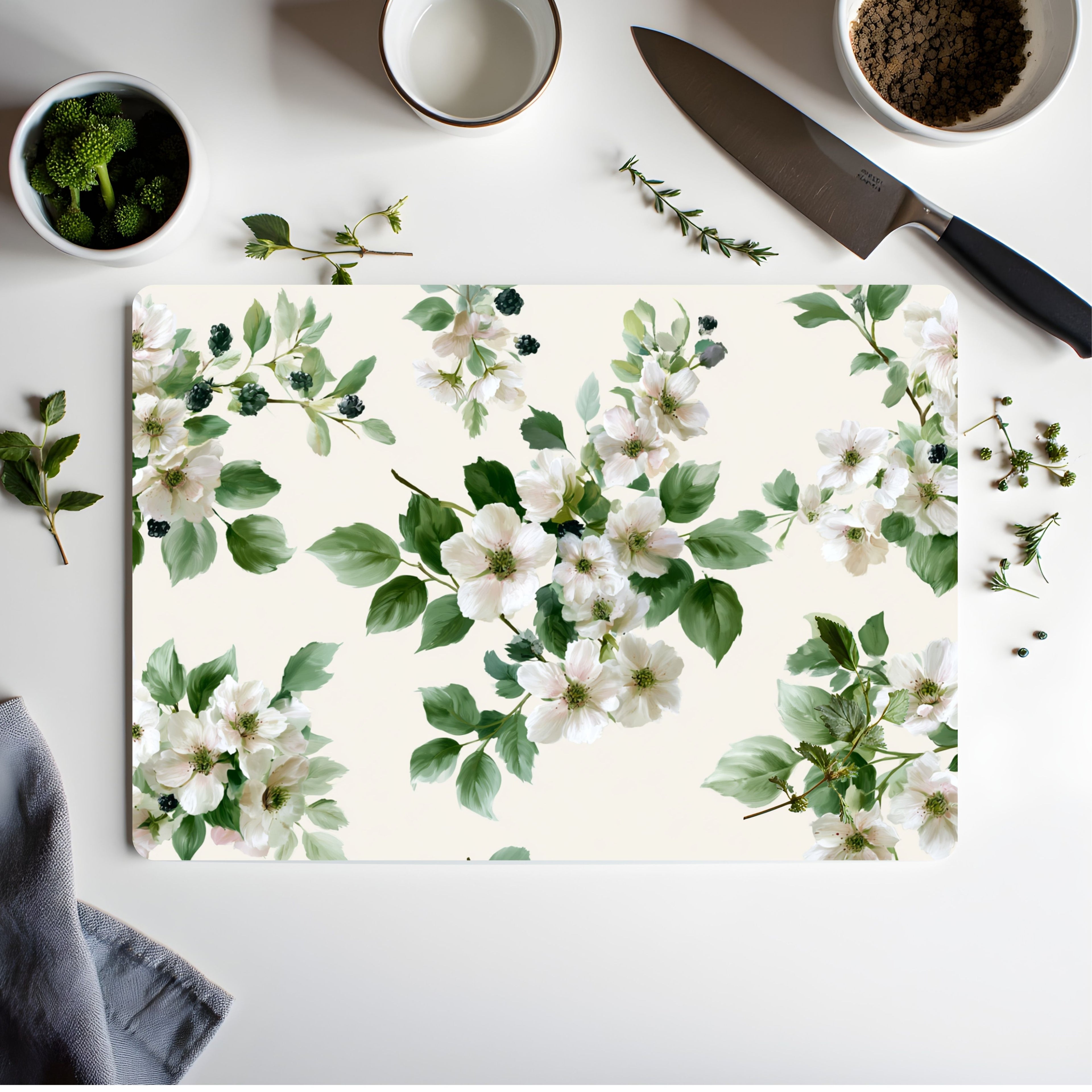 Apple Blossom Glass Cutting Board Personalized for Fresh Country Kitchen Style
