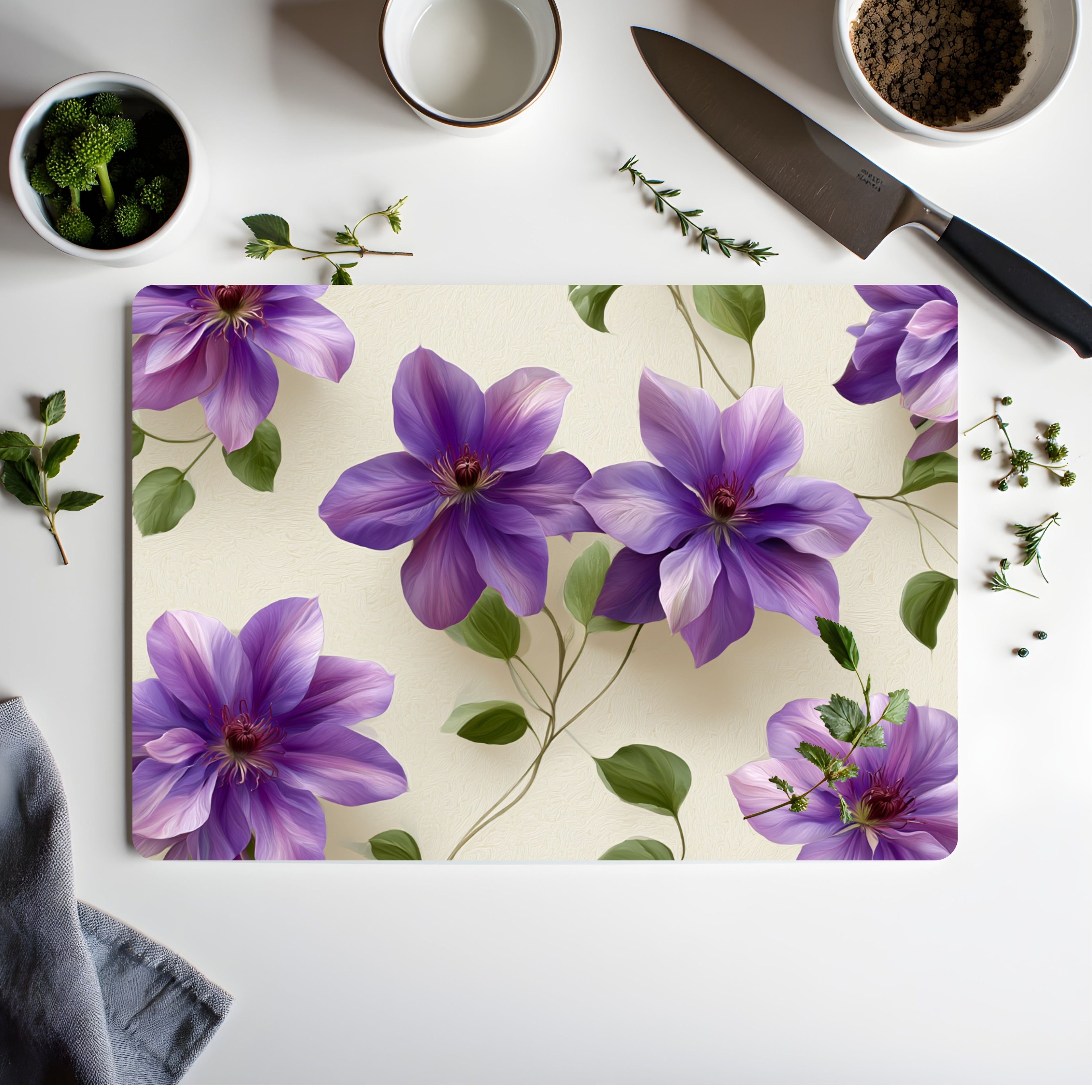 Clematis Garden Glass Serving Board Personalized for Floral Kitchen Styling