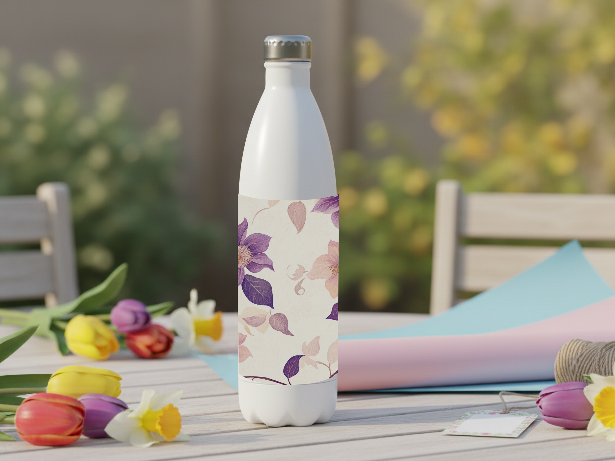 Personalized Clematis Water Bottle with Custom Name Floral Vine Artwork