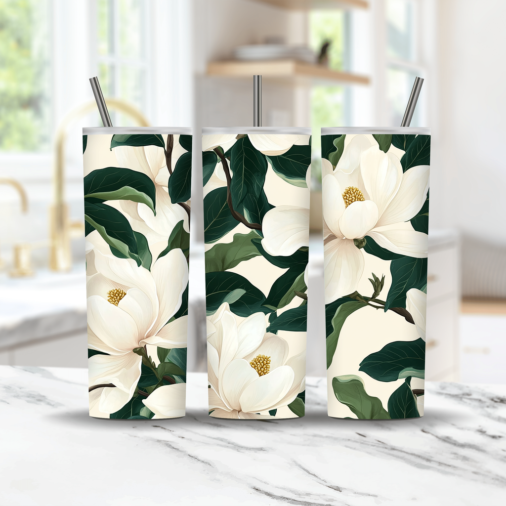 Custom Name Magnolia Tumbler, Personalized Botanical Floral Gift