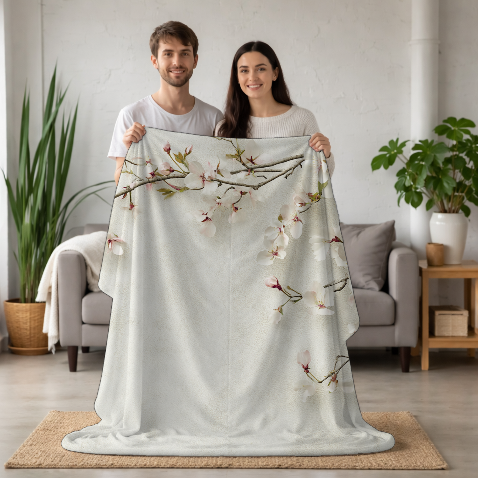 Personalized Cozy Cherry Blossom Retreat Sherpa Blanket with Custom Name