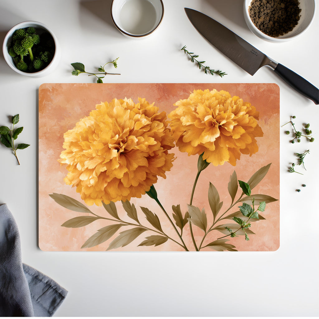 Tagetes Bloom Glass Cutting Board Personalized for Cheerful Kitchen Décor