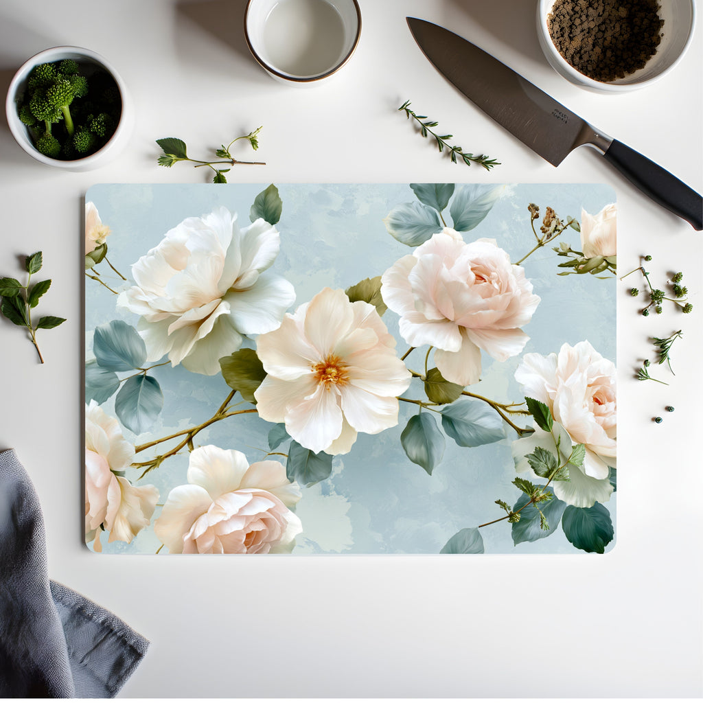 Personalized Camellia Glass Cutting Board with Custom Name Floral Kitchen Decor