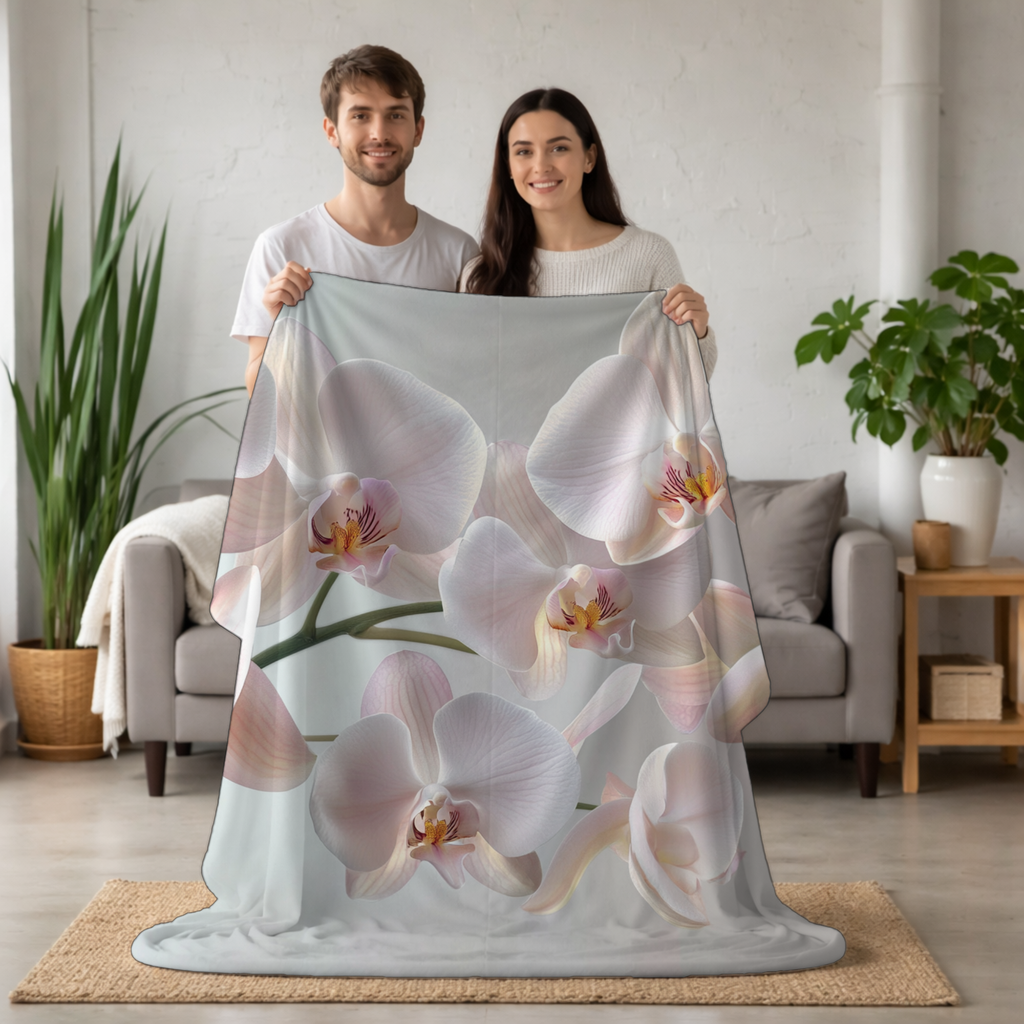 Personalized White Orchid Sherpa Blanket with Custom Name