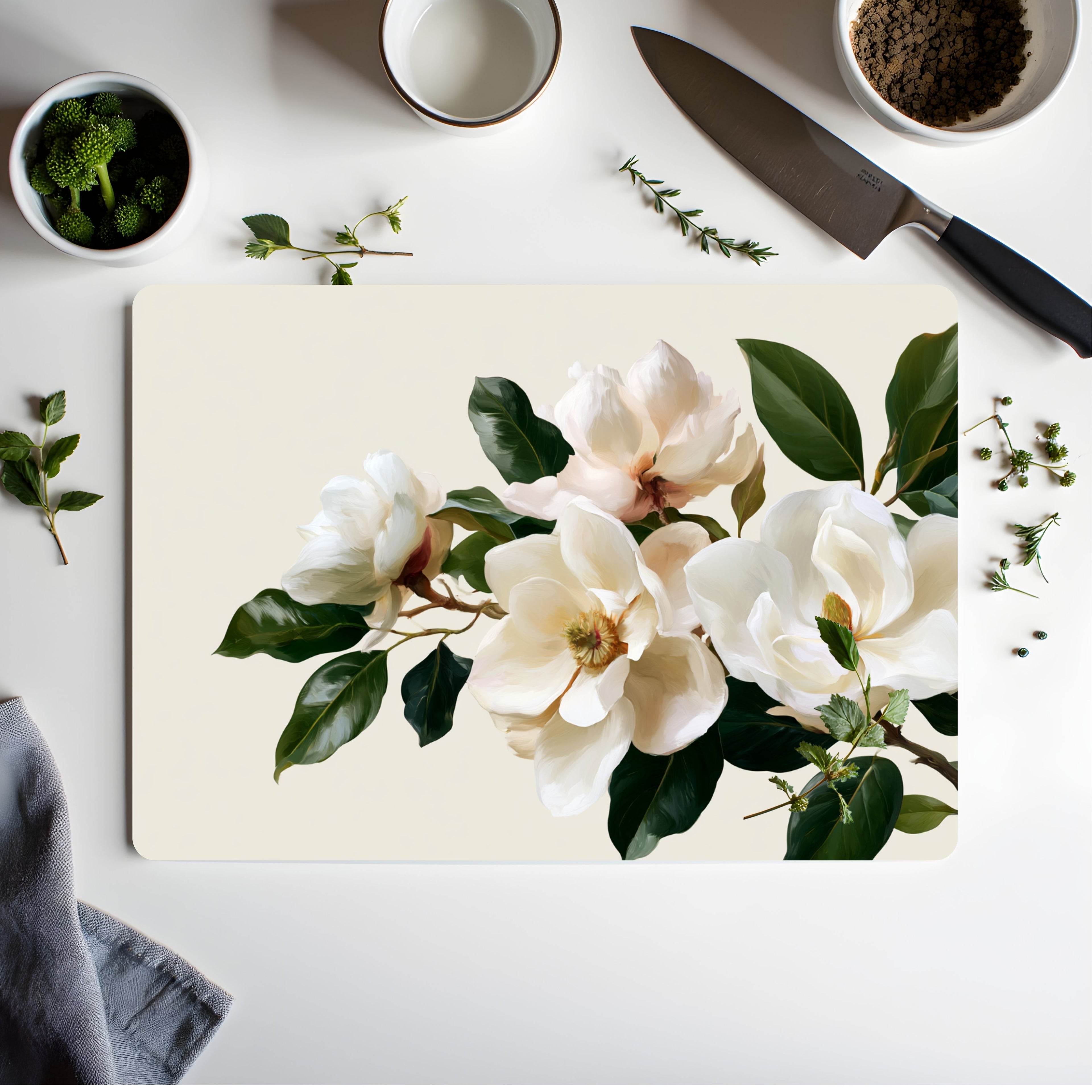 Magnolia Bloom Glass Cutting Board Personalized for Elegant Kitchen Gatherings