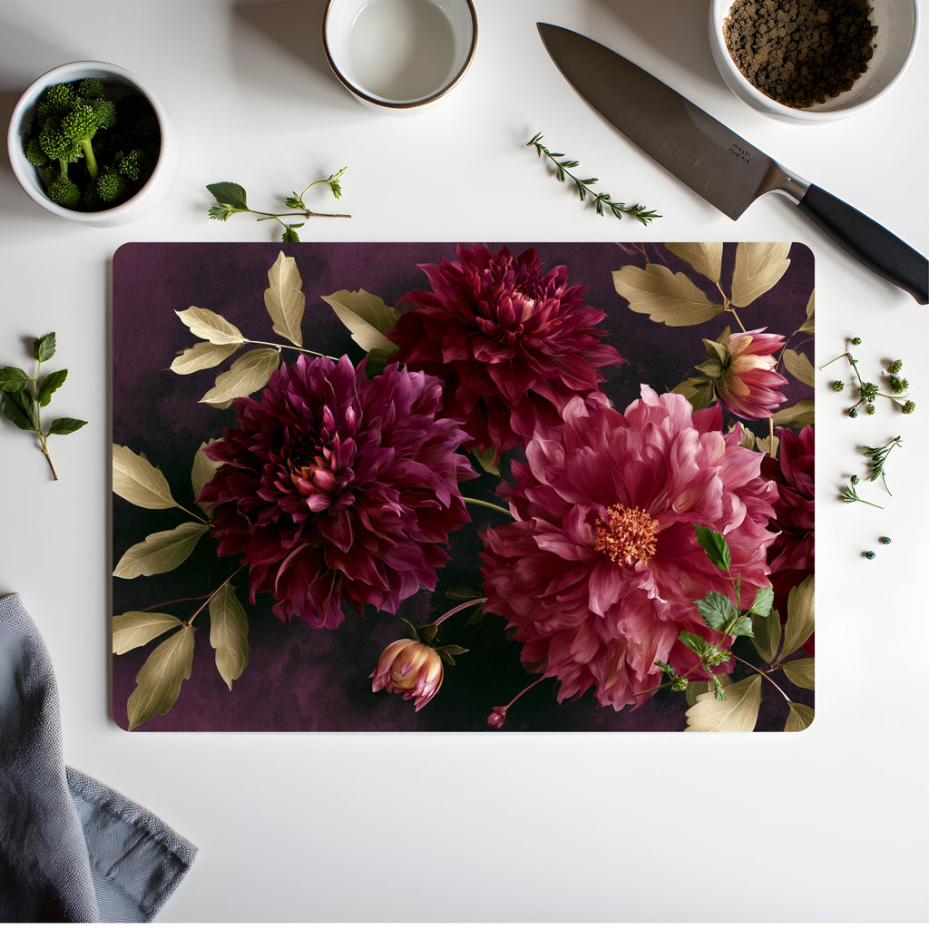 Dark Burgundy Dahlia Glass Cutting Board Personalized for Luxury Kitchen Décor