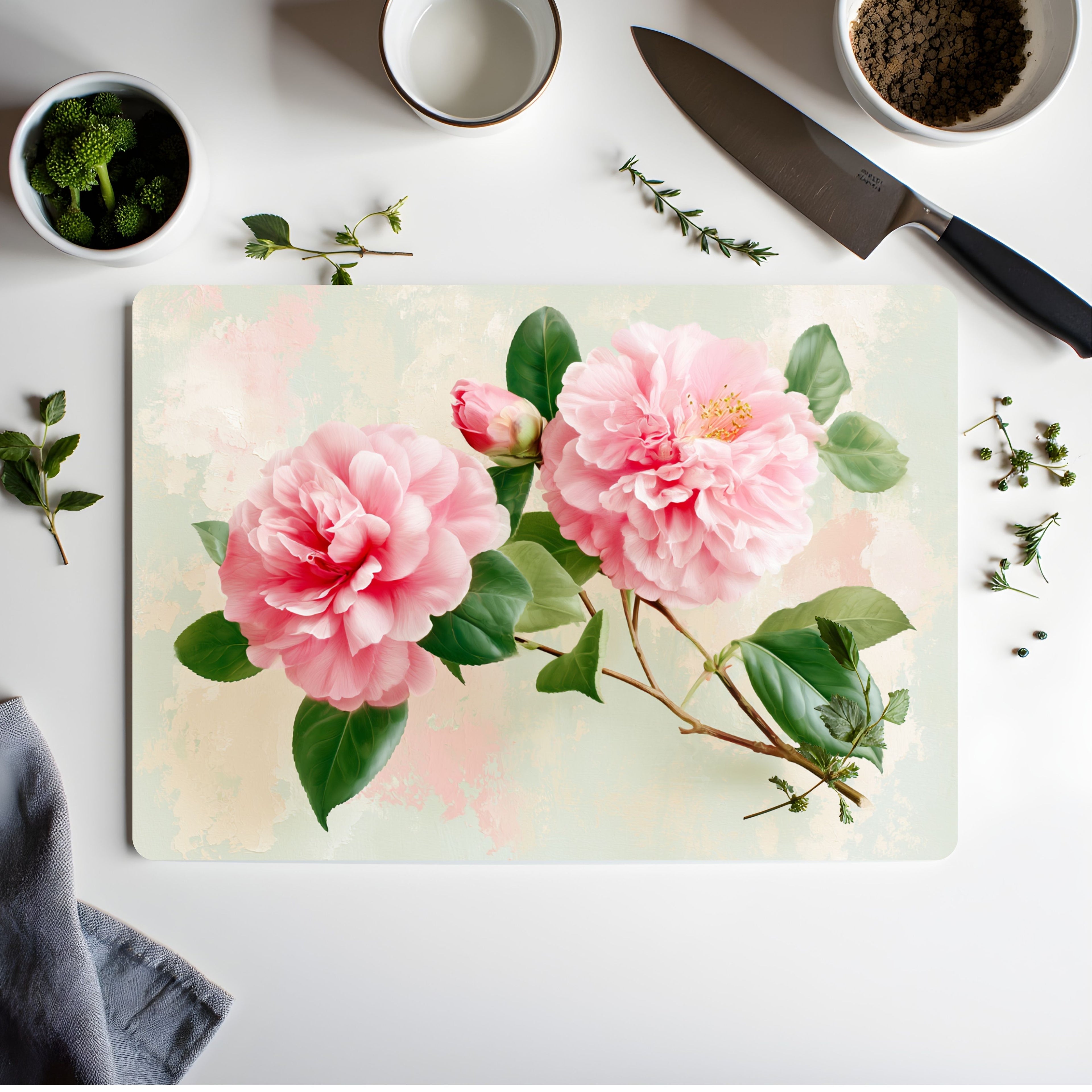 Camellia Blossom Glass Cutting Board Personalized for Timeless Kitchen Elegance