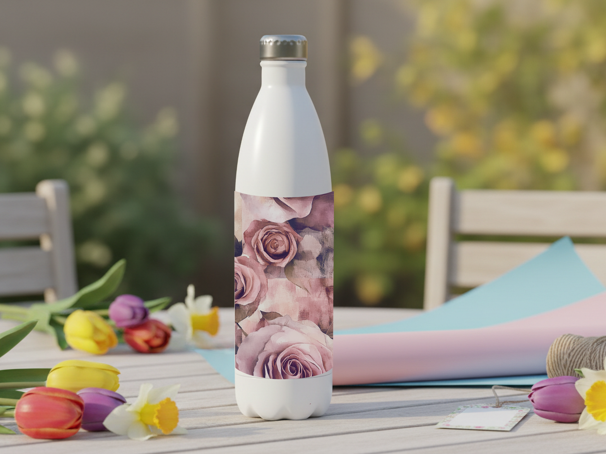 Blush Rose Stainless Steel Water Bottle Personalized for Rose Garden Escapes
