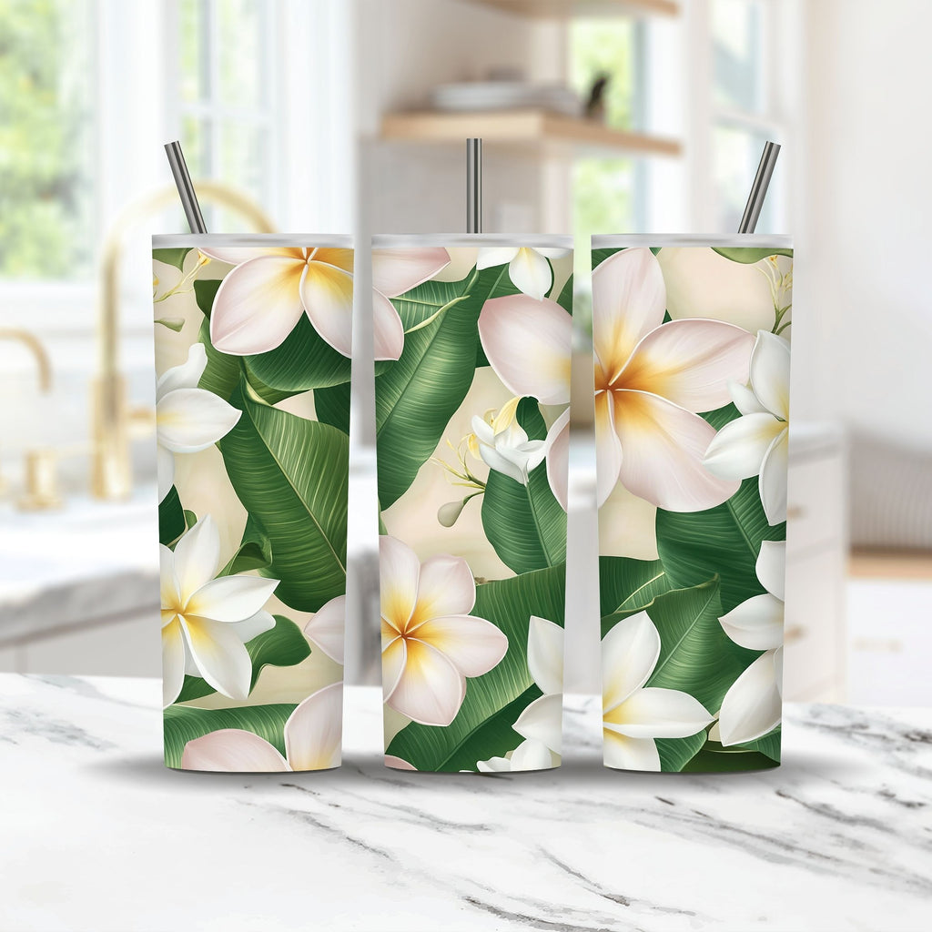 Custom White Plumeria Stainless Steel Travel Tumbler with Personalized Name