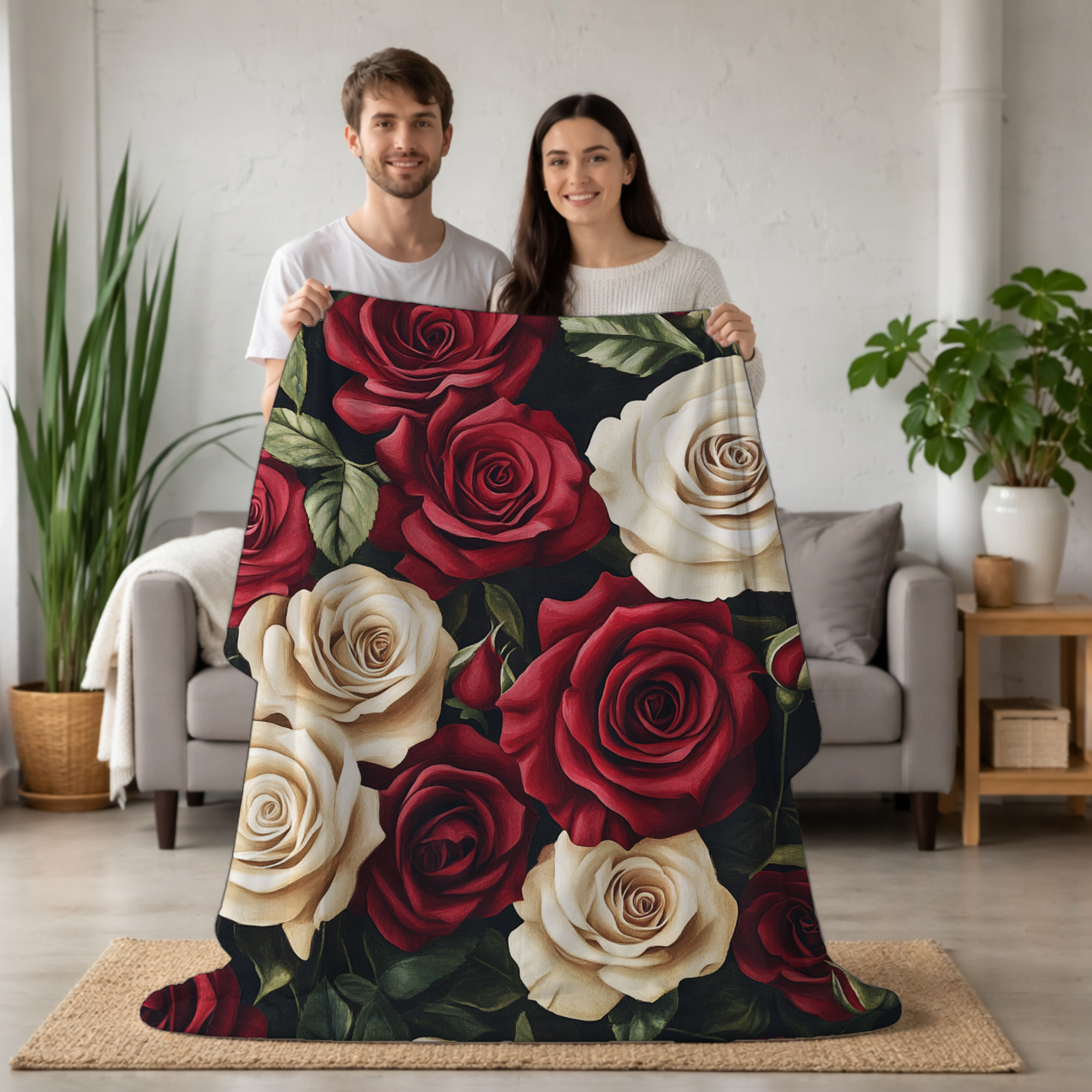 Personalized Rose Bloom Sherpa Blanket with Custom Name