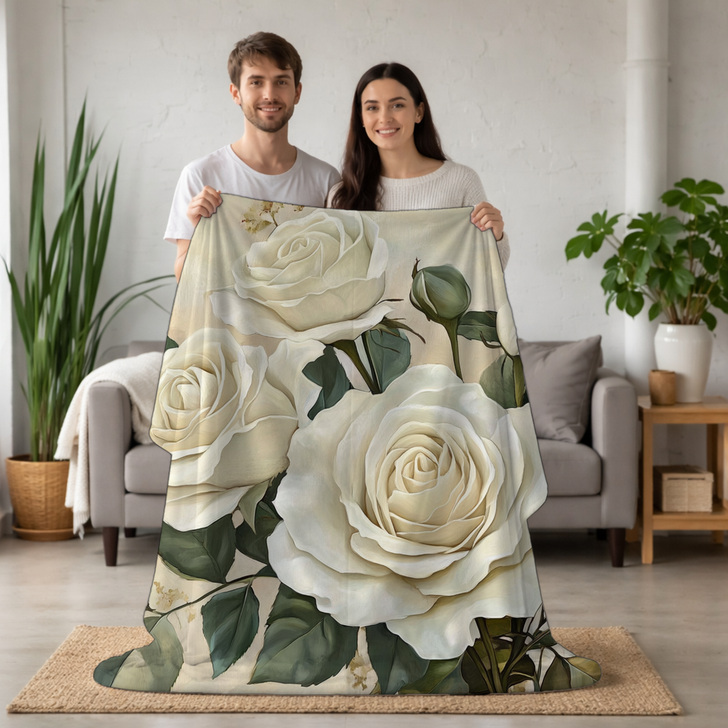 Personalized White Rose Sherpa Blanket with Custom Name