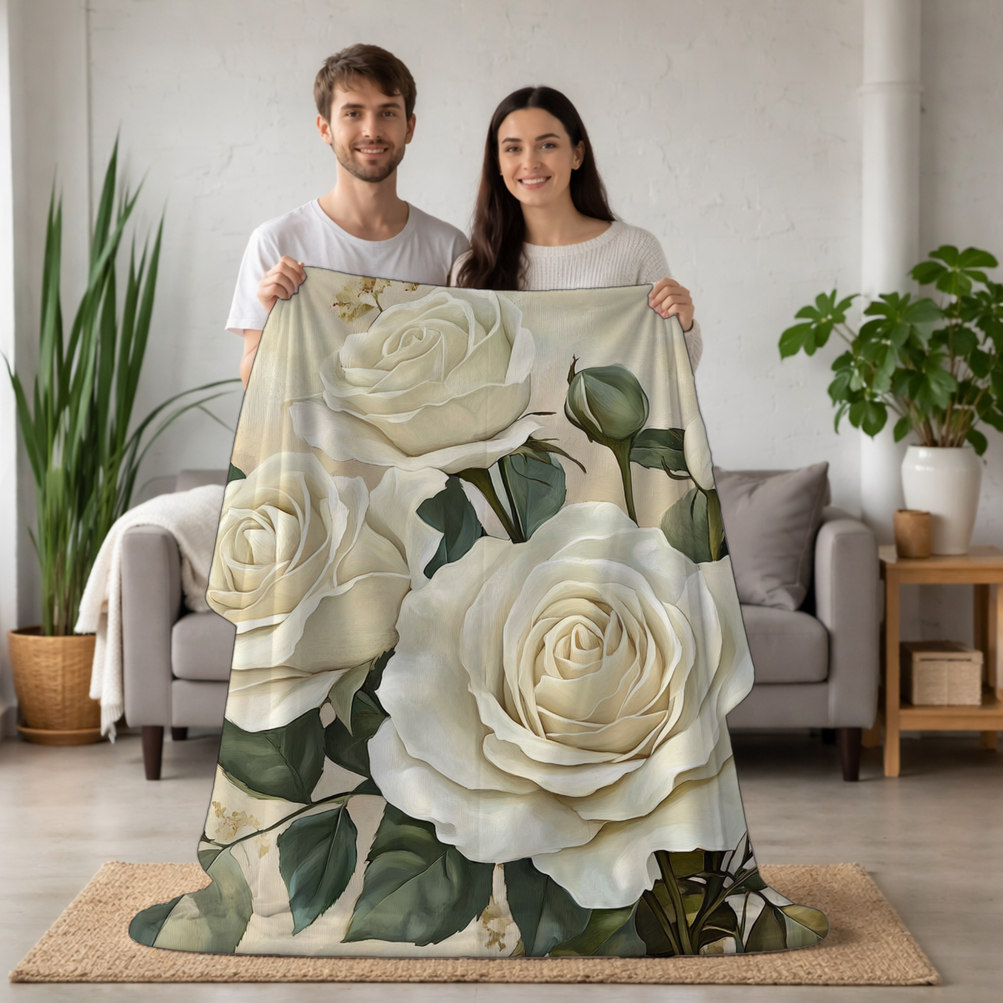 Personalized White Rose Sherpa Blanket with Custom Name