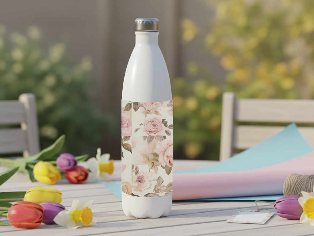 Personalized Blush Rose Water Bottle with Custom Name for Garden Lovers