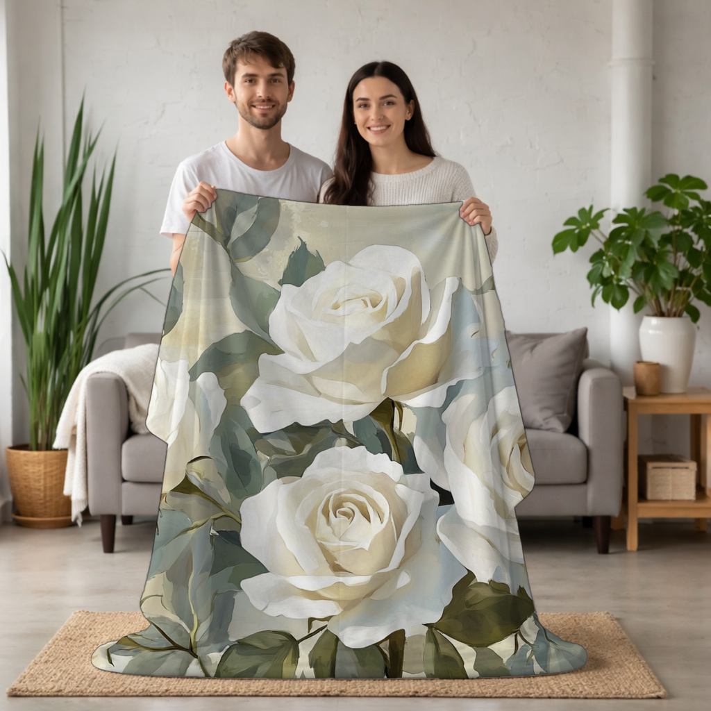 Personalized White Rose Cottage Sherpa Blanket with Custom Name