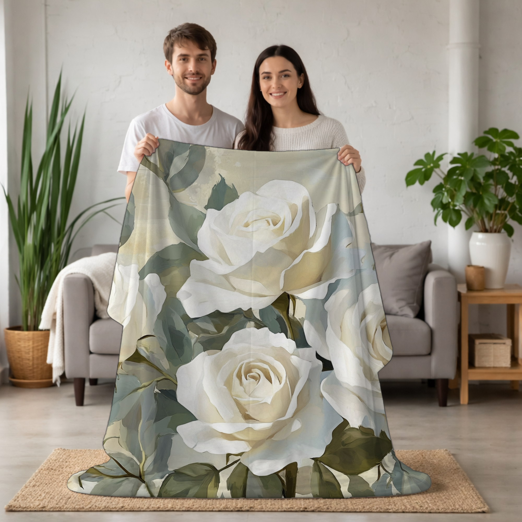Personalized White Rose Cottage Sherpa Blanket with Custom Name