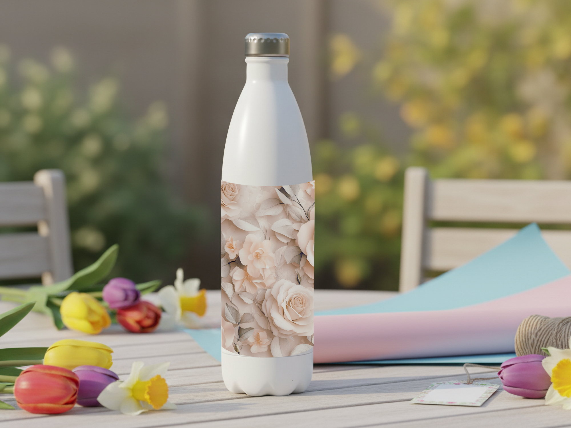 Cream Rose Petal Retreat Water Bottle with Personalized Name