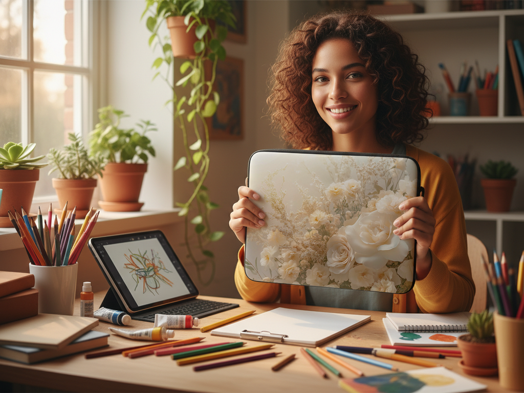 Cream Rose Computer Carry Case with Personalized Name Floral Tech Sleeve