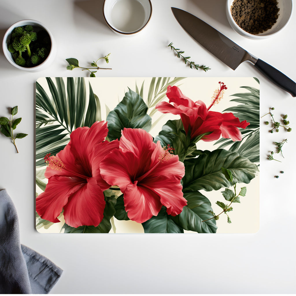 Tropical Hibiscus Glass Cutting Board Personalized for Vibrant Botanical Kitchens