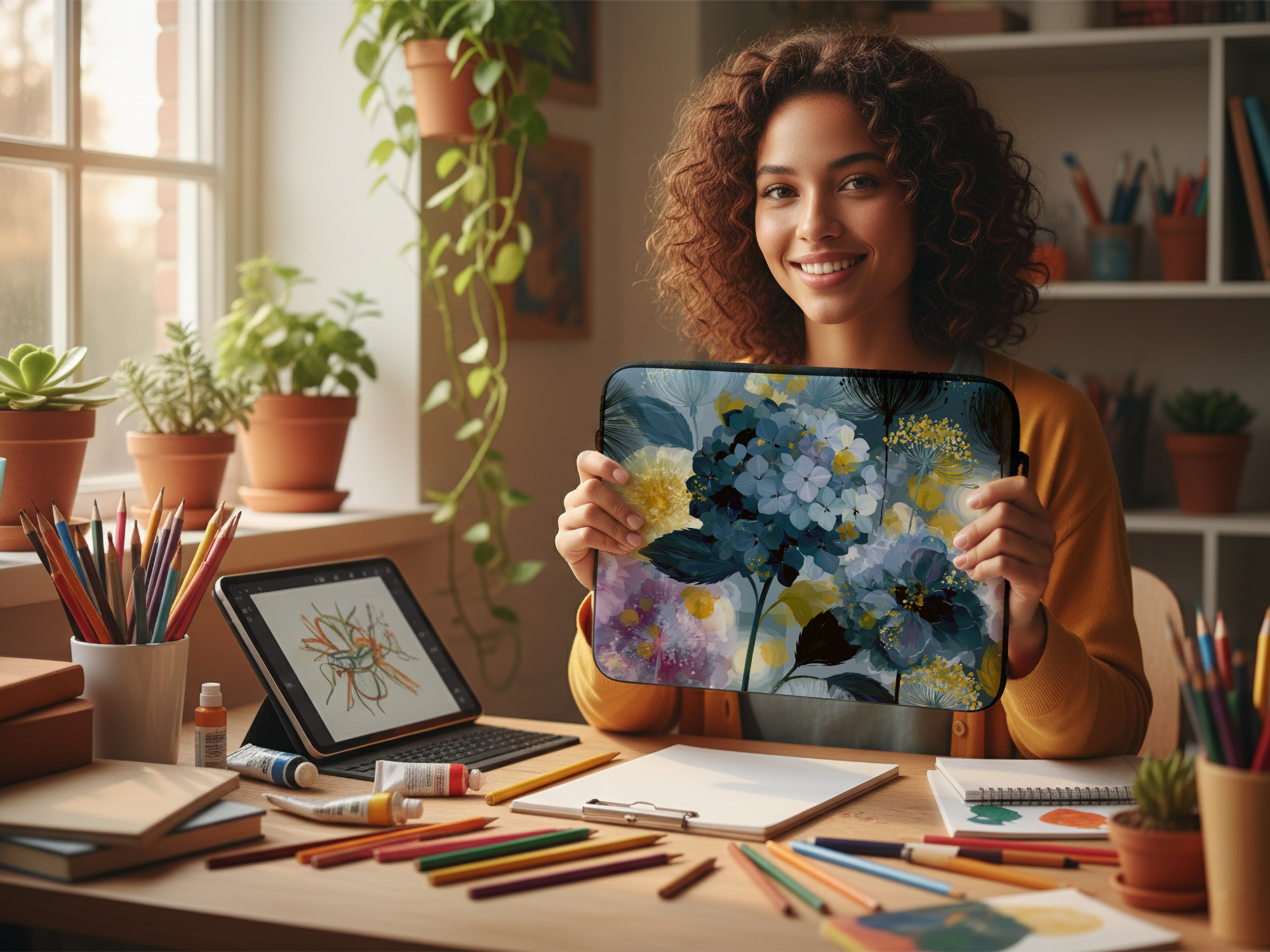 Custom Hydrangea Laptop Portfolio with Personalized Name Botanical Tech Cover