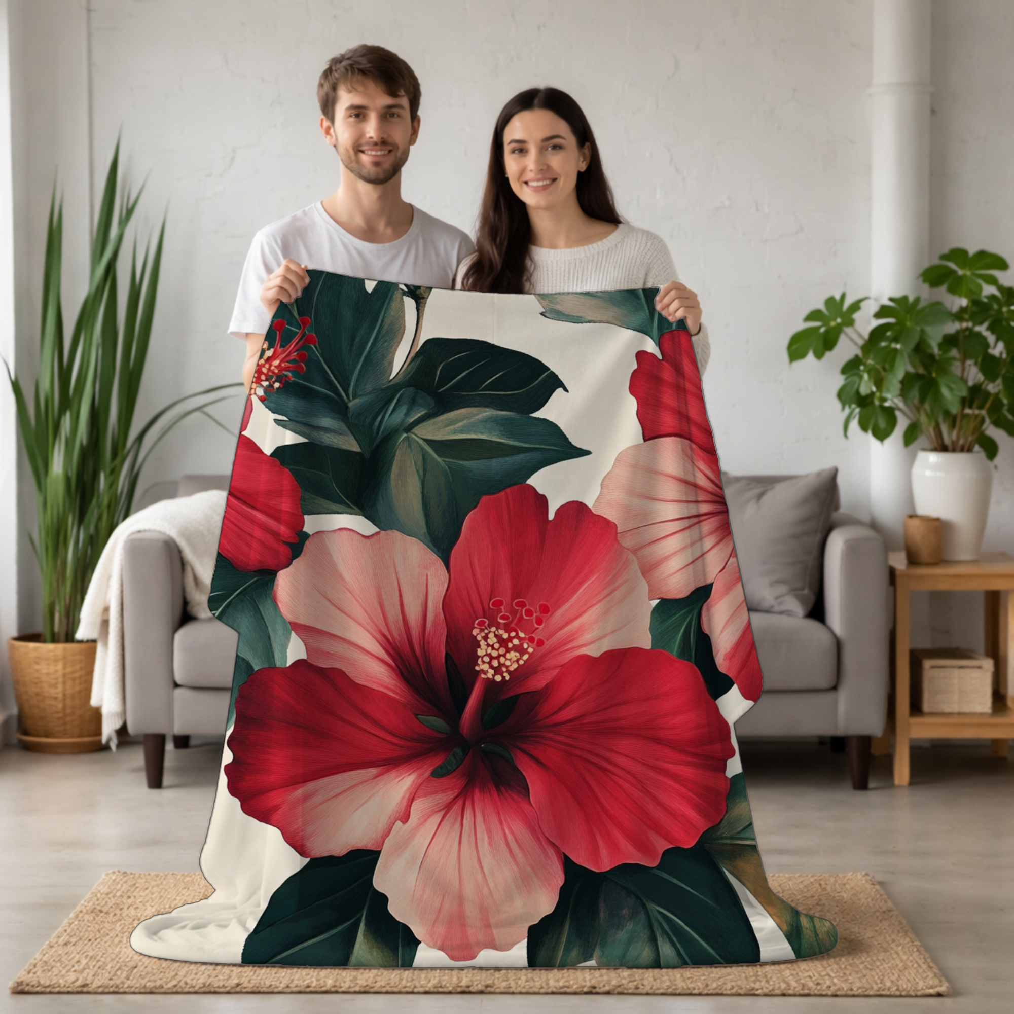 Personalized HIbiscus Horizon Sherpa Blanket with Custom Name
