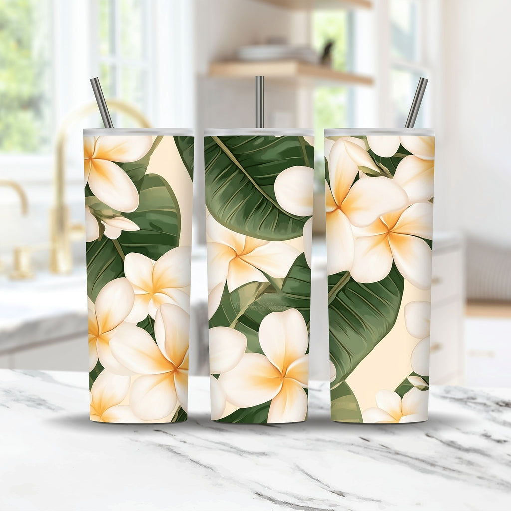 Personalized White Plumeria Tumbler with Custom Name Tropical Travel Cup Gift
