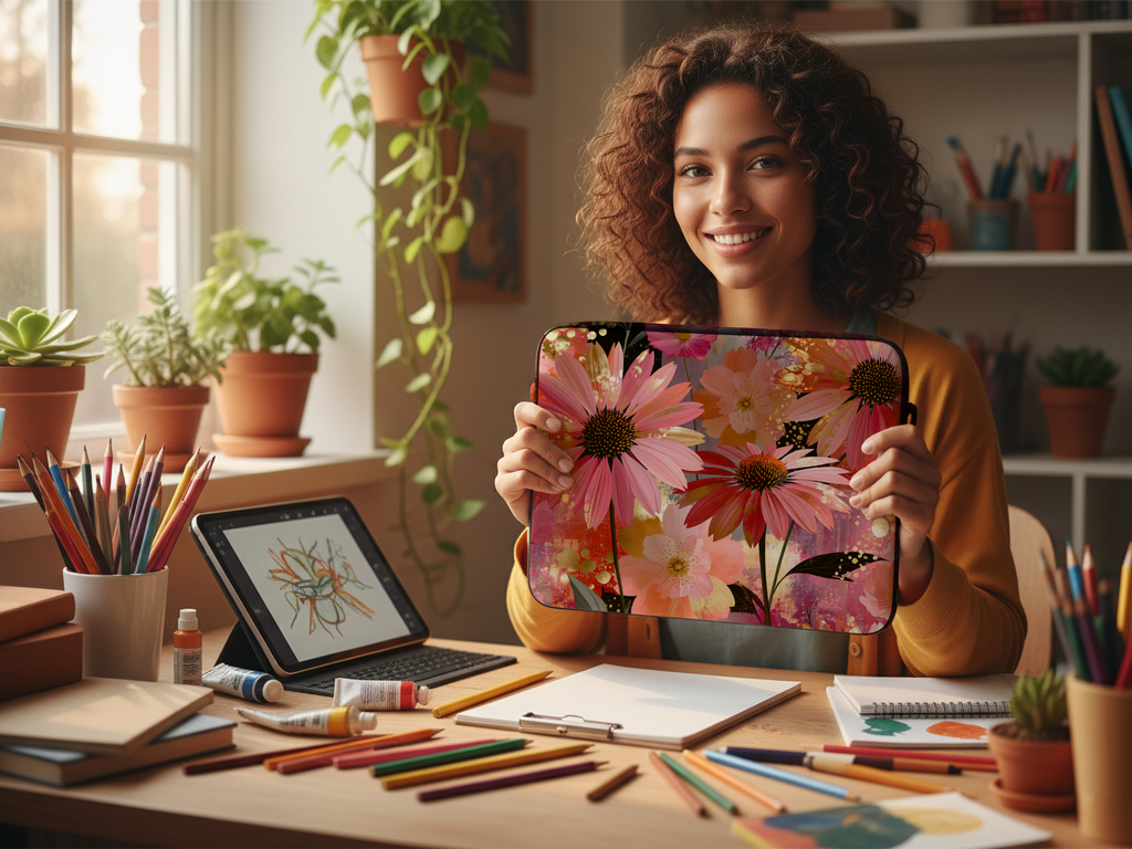 Echinacea Bloom Laptop Sleeve with Personalized Name Botanical Travel Cover