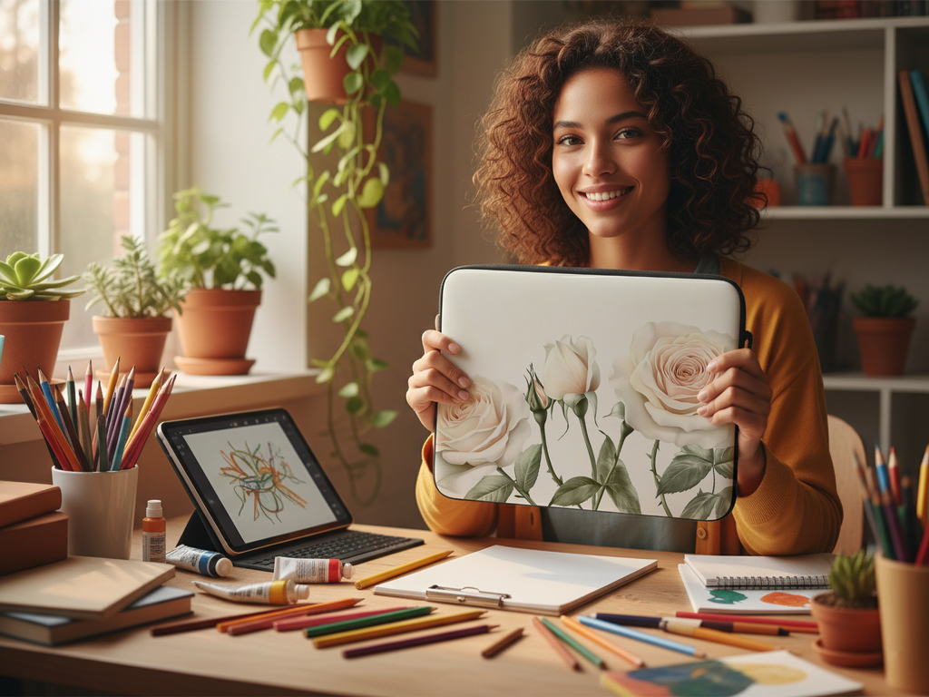 Blush Rose Laptop Portfolio Personalized with Name Romantic Botanical Sleeve