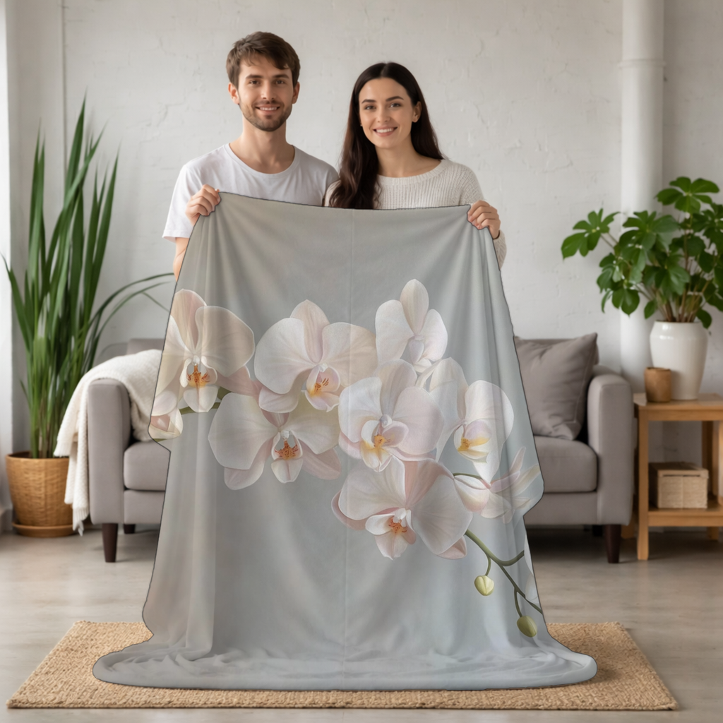 Personalized White Orchid Sherpa Blanket with Custom Name Floral Throw Gift