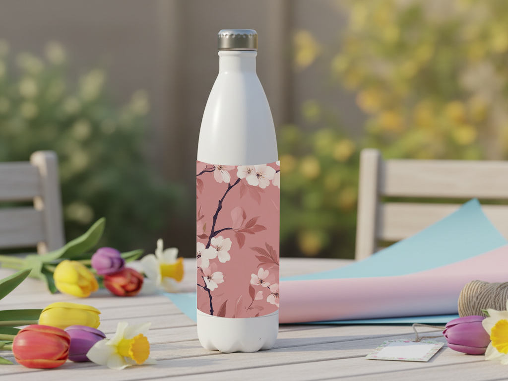 Personalized Cherry Blossom Stainless Steel Water Bottle with Custom Name