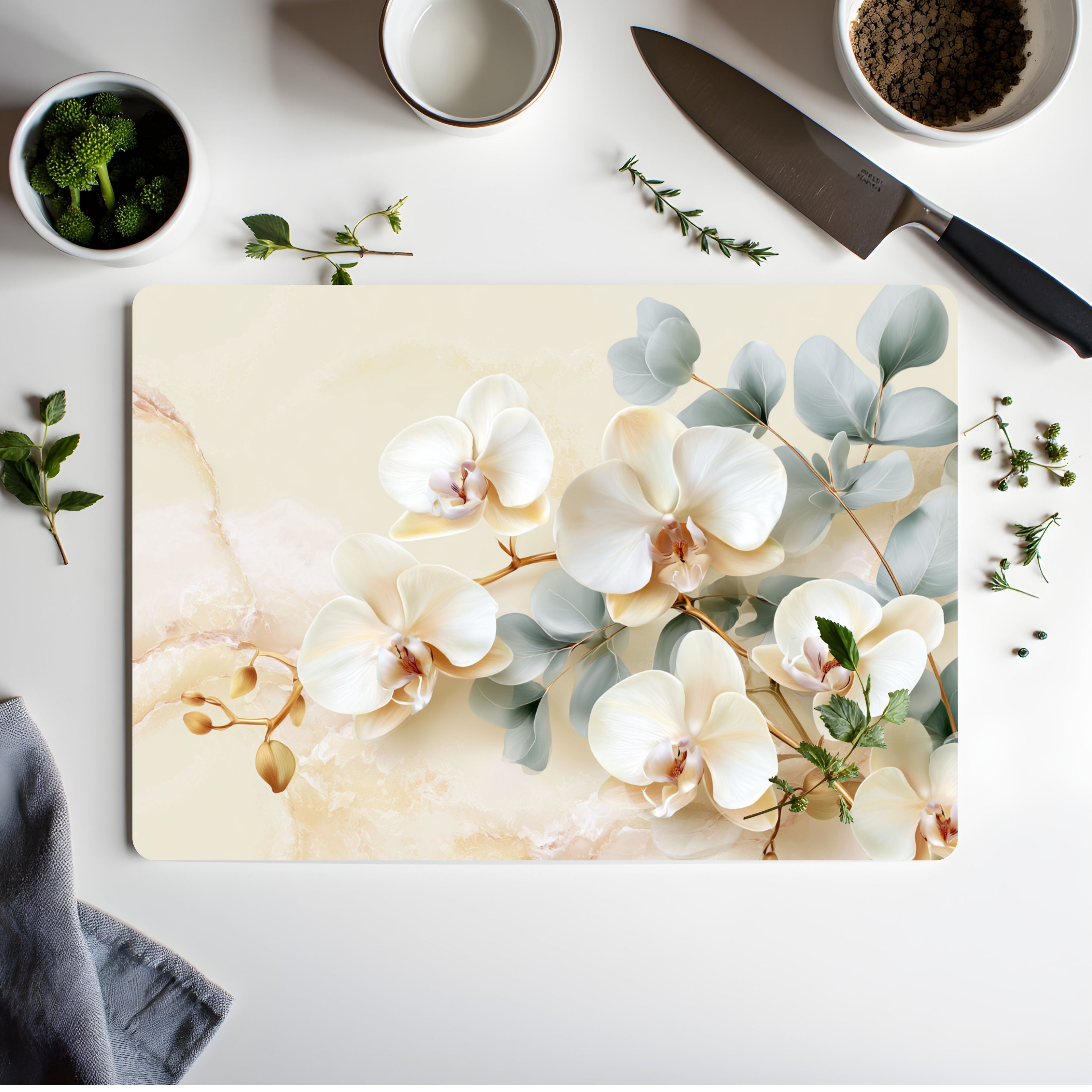 White Orchid Glass Cutting Board Personalized for Sophisticated Kitchen Décor