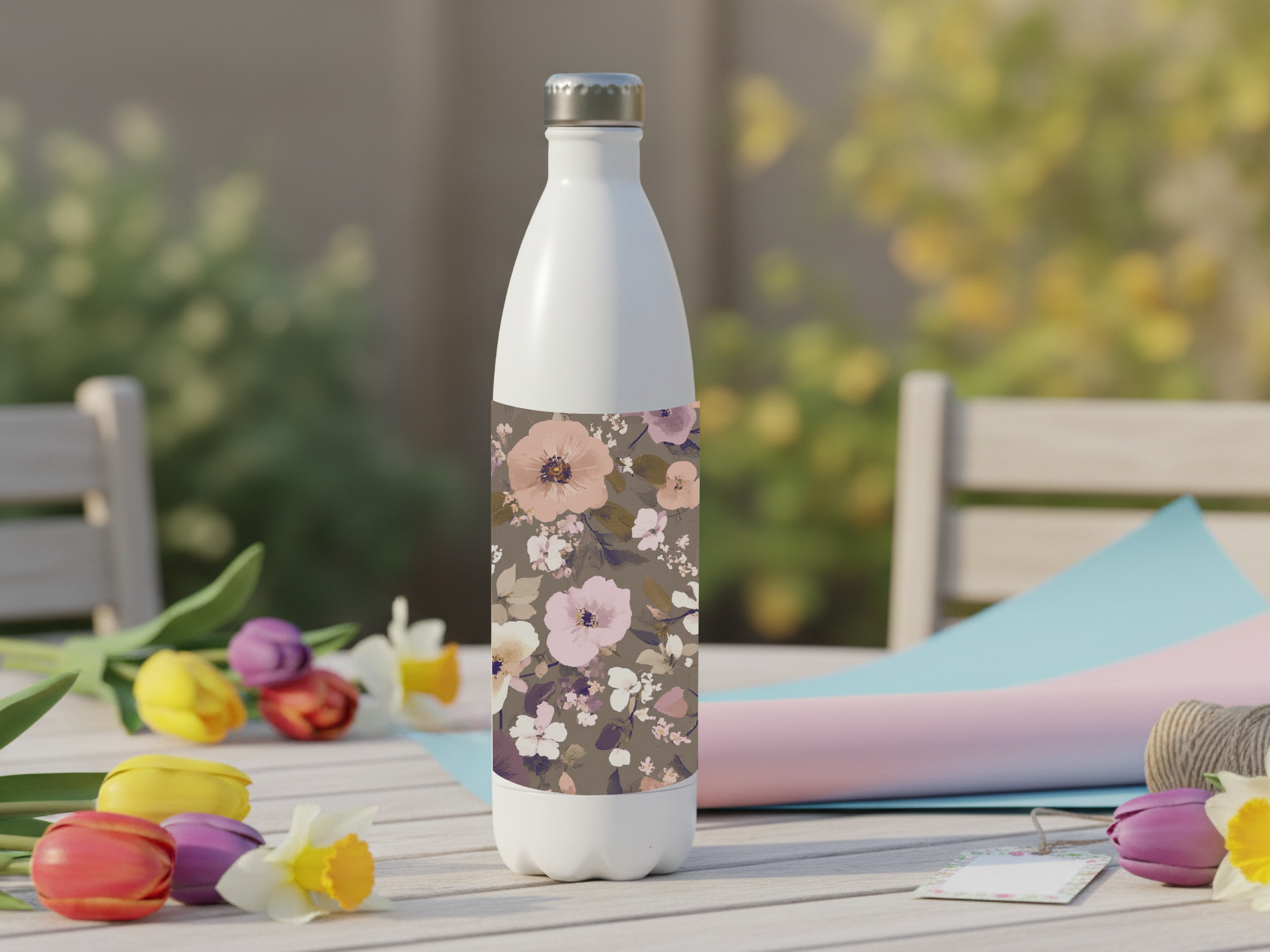 Cosmos Stainless Steel Water Bottle Personalized for Flower Market Wanderings