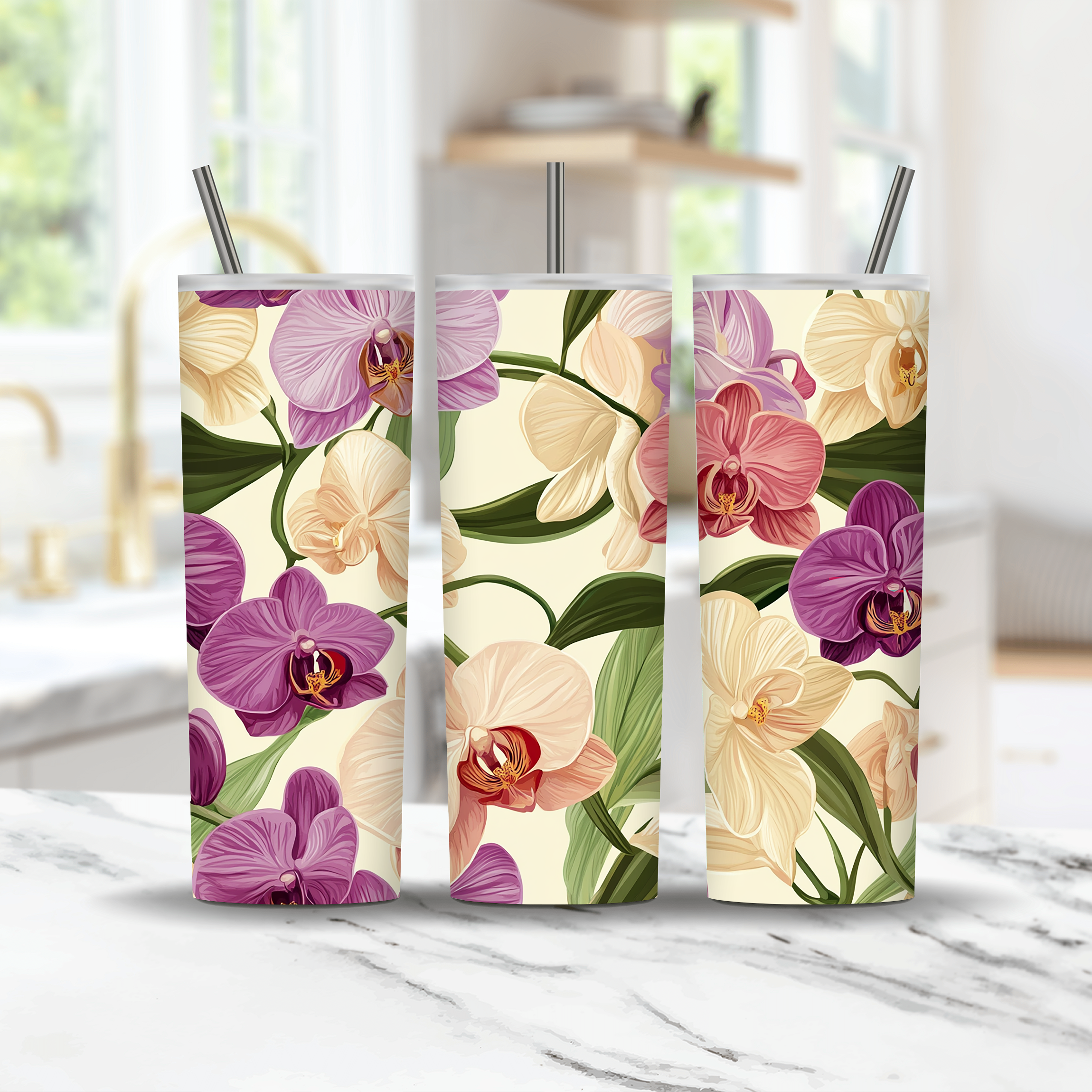 Personalized Orchid Tumbler with Custom Name Floral Travel Cup Gift