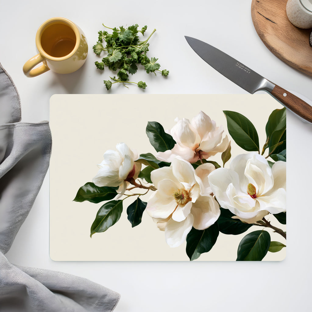 Magnolia Bloom Glass Cutting Board Personalized for Elegant Kitchen Gatherings