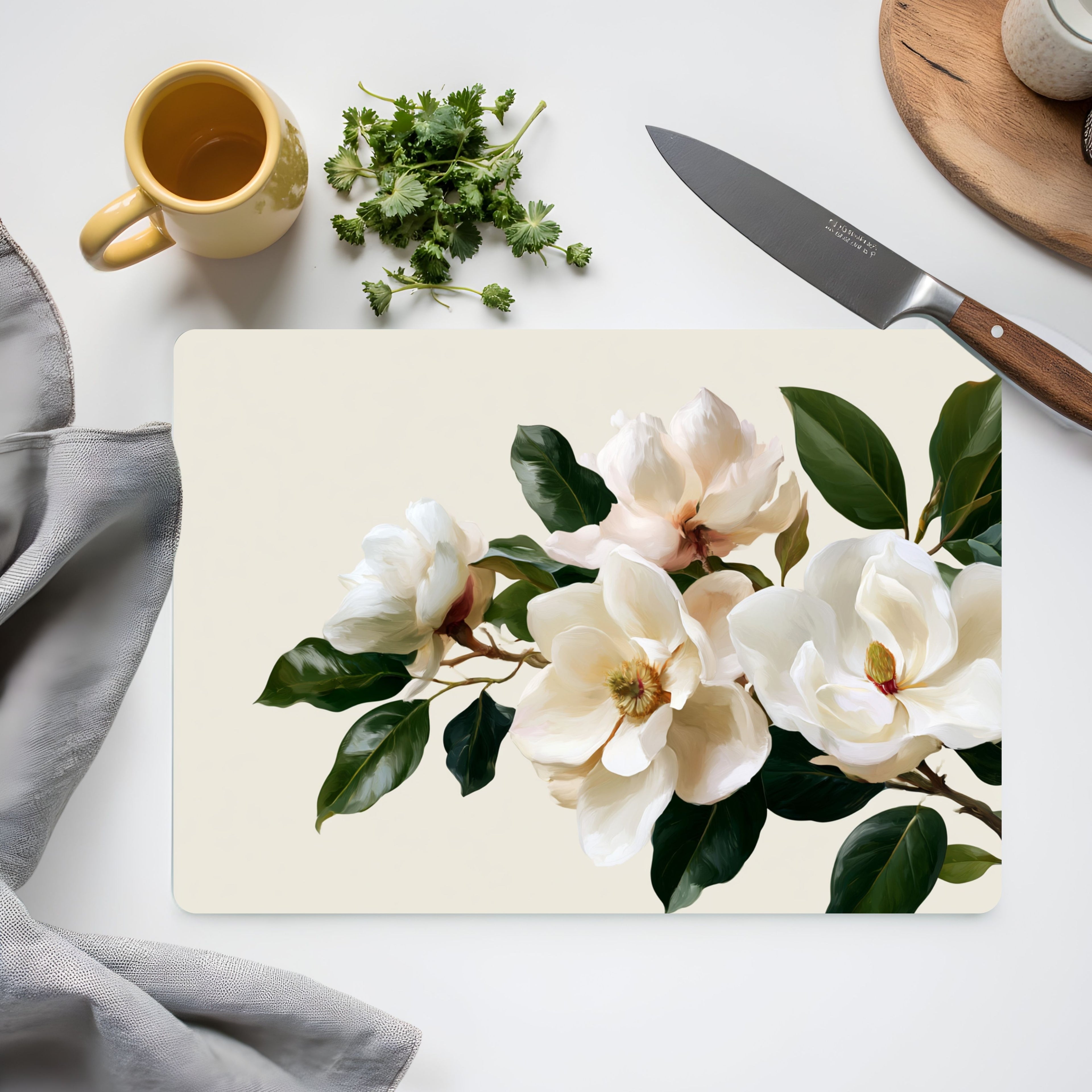 Magnolia Bloom Glass Cutting Board Personalized for Elegant Kitchen Gatherings