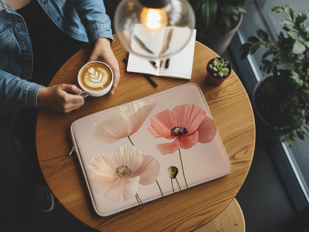 Poppy Bloom Laptop Protector Customized with Name Botanical Travel Sleeve