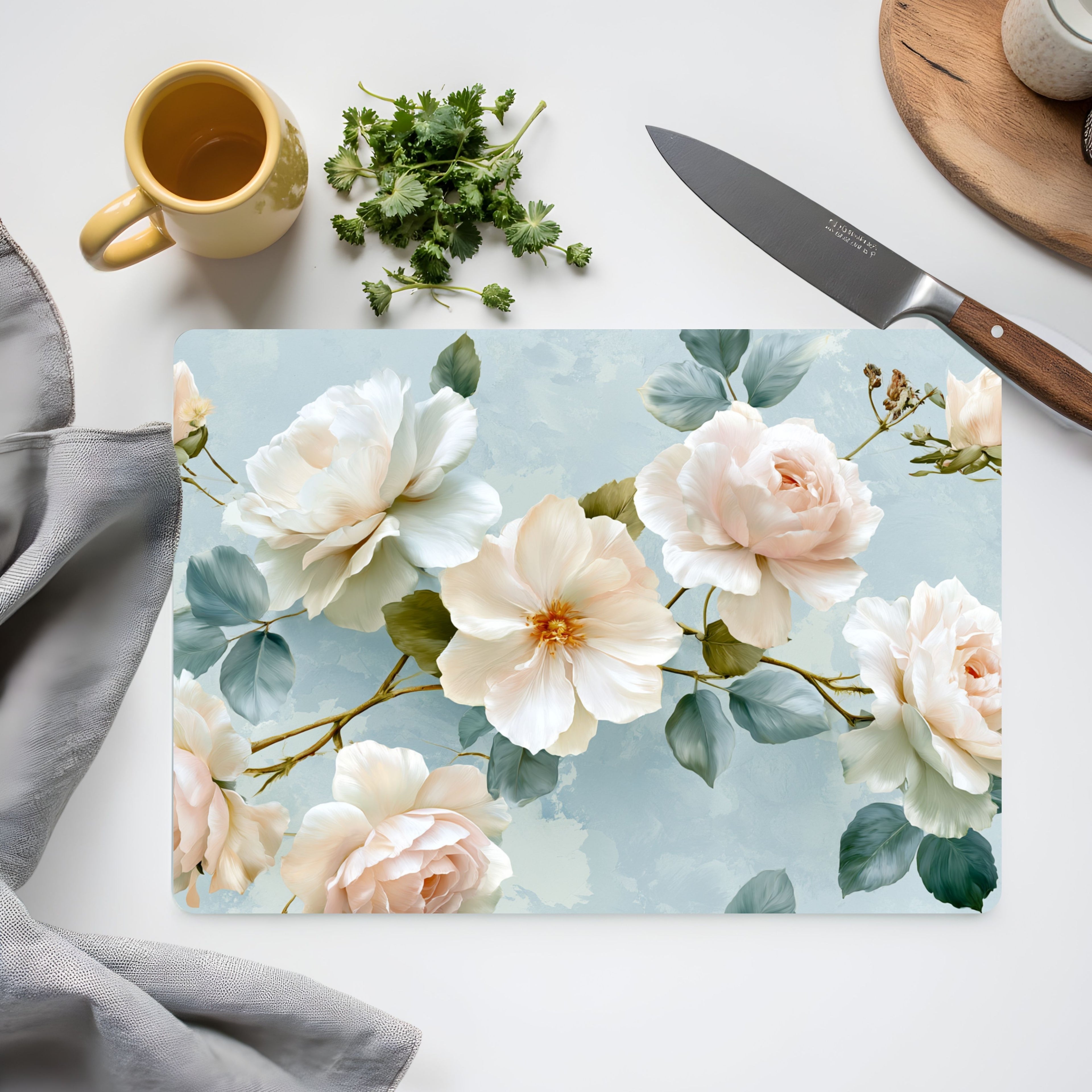 Personalized Camellia Glass Cutting Board with Custom Name Floral Kitchen Decor