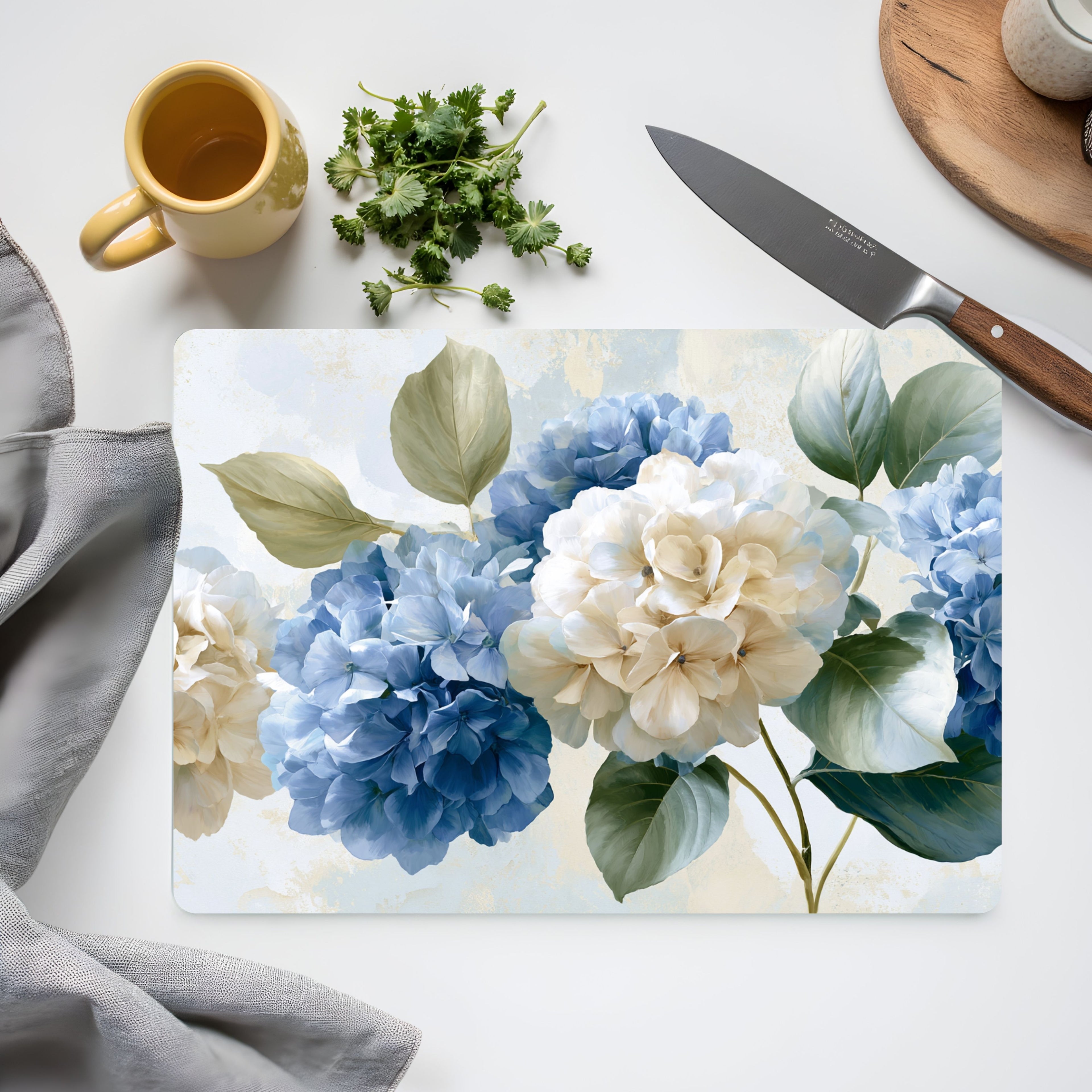 Hydrangea Bloom Glass Cutting Board Personalized for Garden Inspired Kitchen Décor
