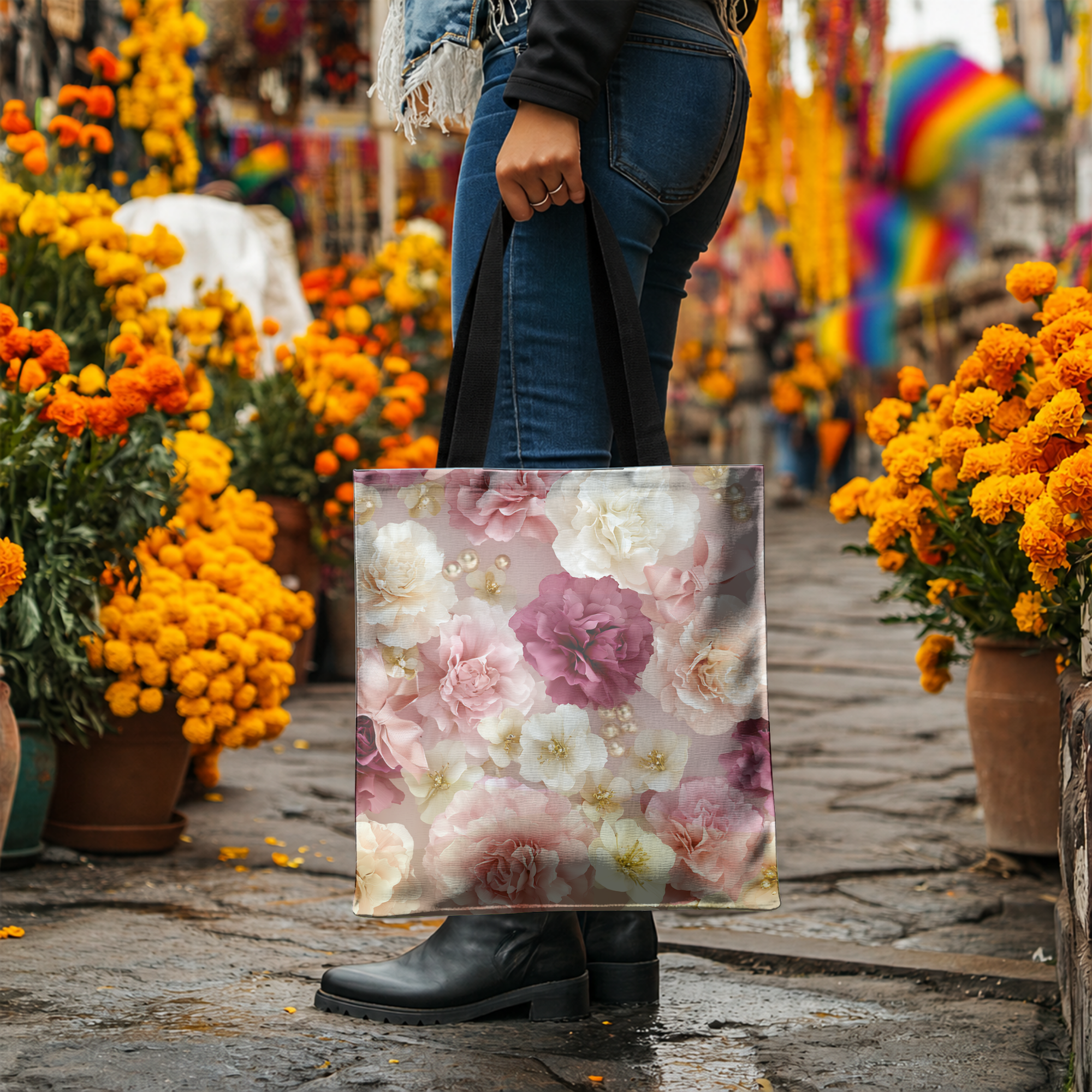 Personalized Floral Market Tote with Custom Name for Shopping, Travel & Everyday Carry