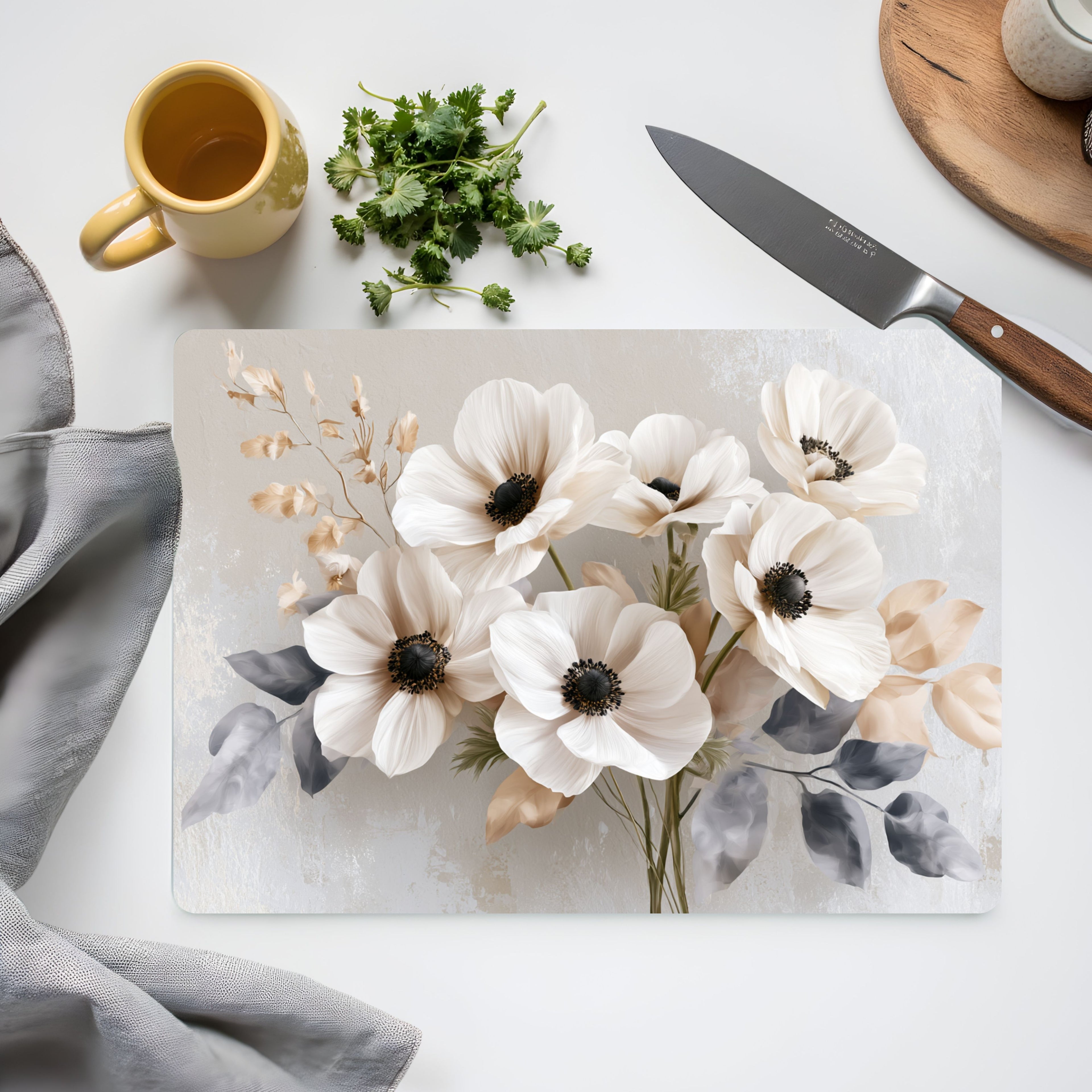 Anemone Bloom Glass Cutting Board Personalized for Elegant Floral Kitchens