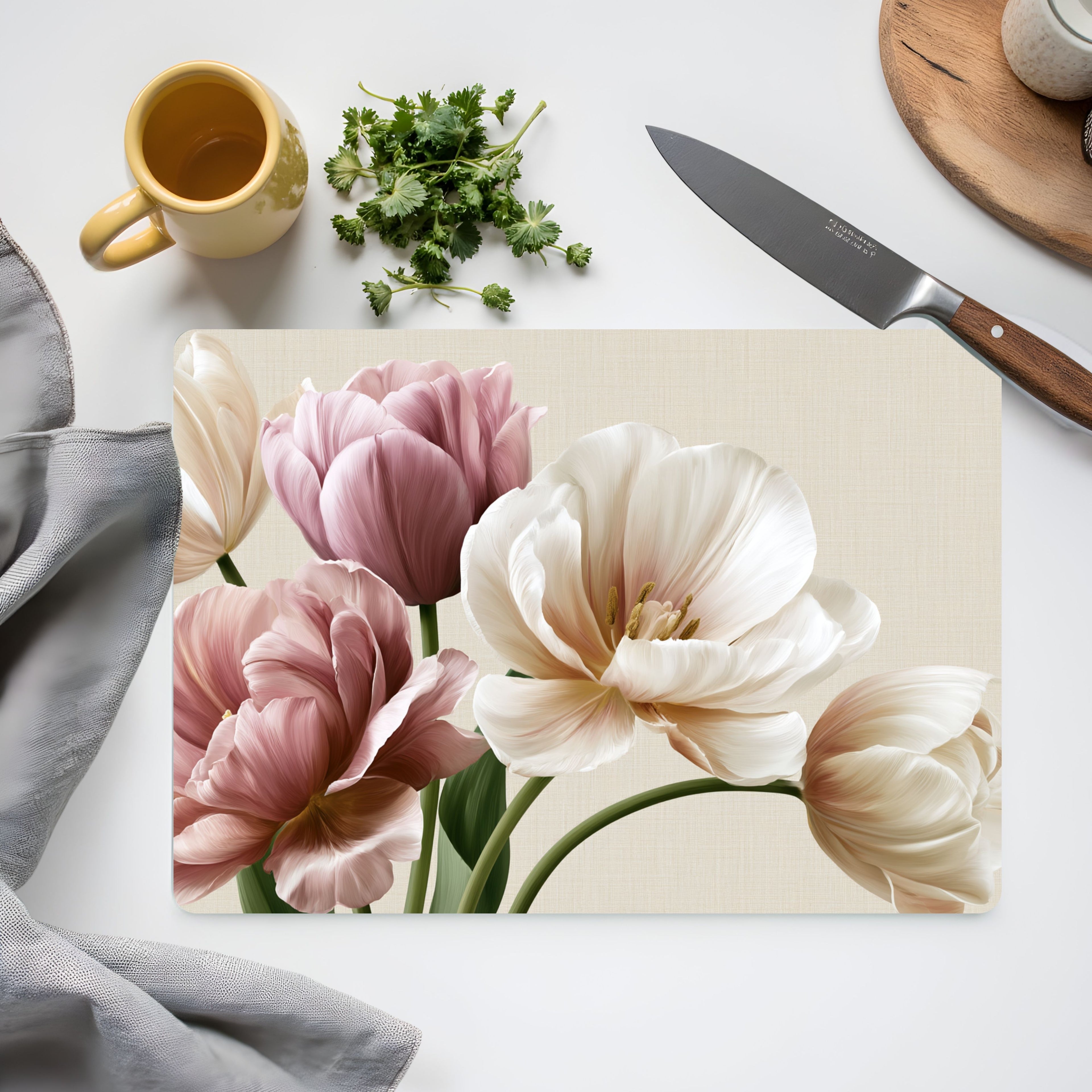Tulip Bloom Glass Cutting Board Personalized for Fresh Spring Kitchen Style