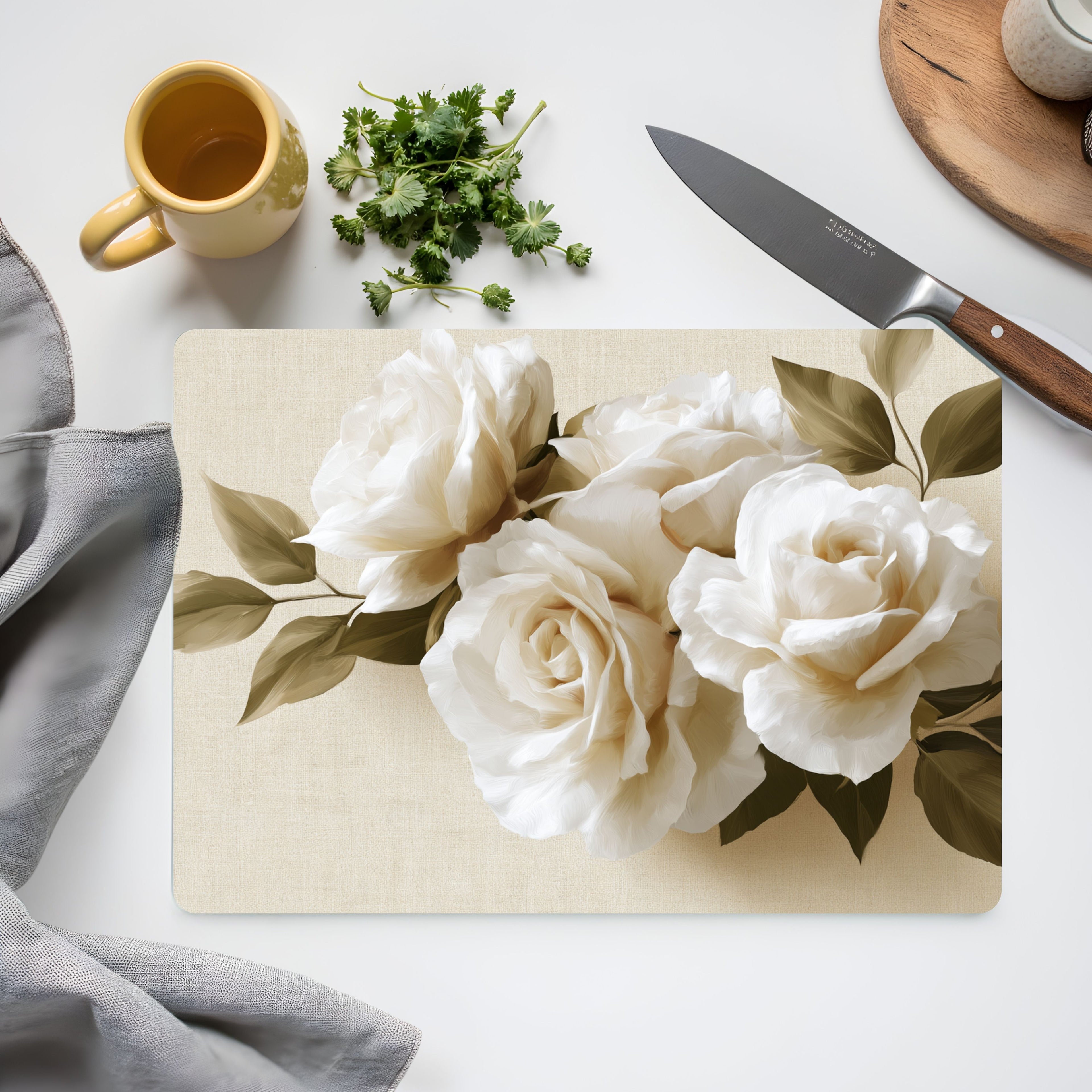 Cream Rose Glass Cutting Board Personalized for Timeless Cottage Kitchen Style