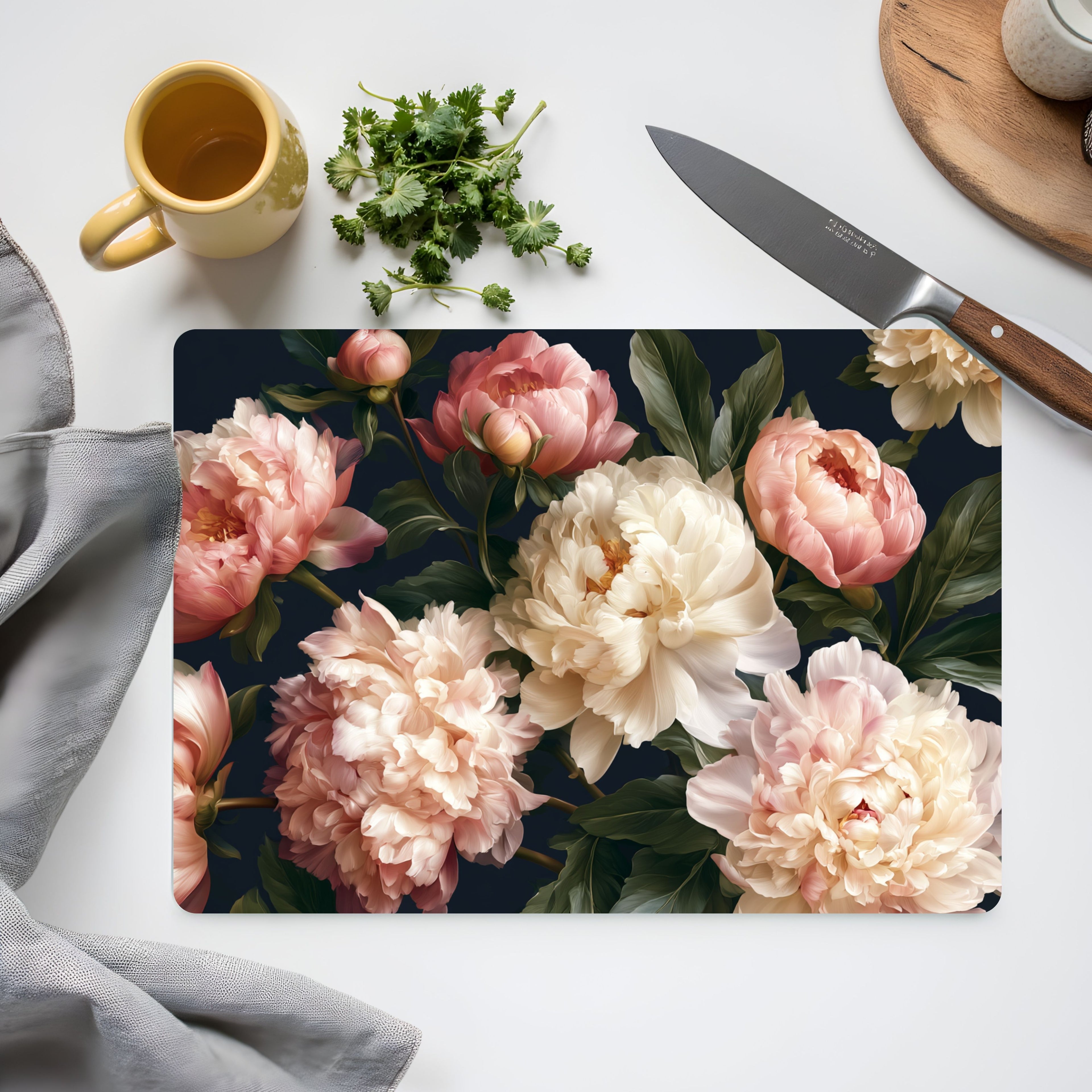 Peony Garden Glass Cutting Board Personalized for Elegant Kitchen Entertaining
