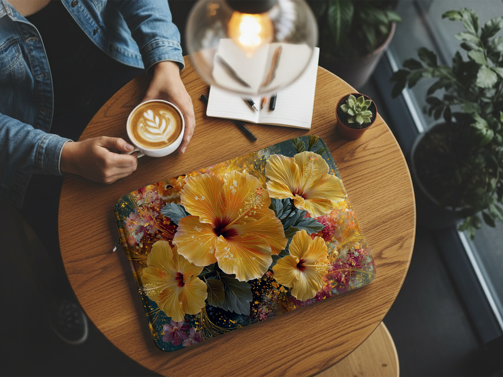 Hibiscus Botanical Laptop Sleeve Custom Printed with Name for Everyday Travel
