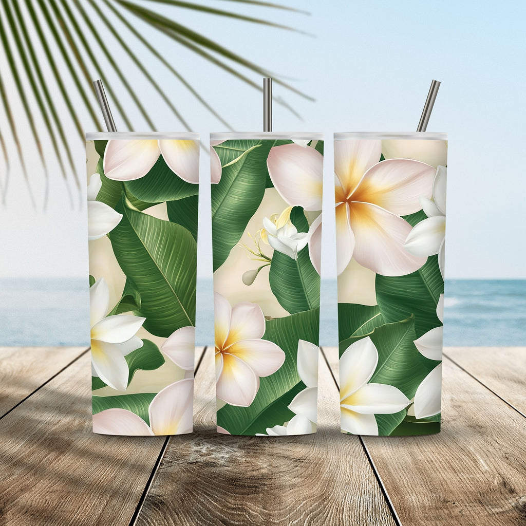 Custom White Plumeria Stainless Steel Travel Tumbler with Personalized Name