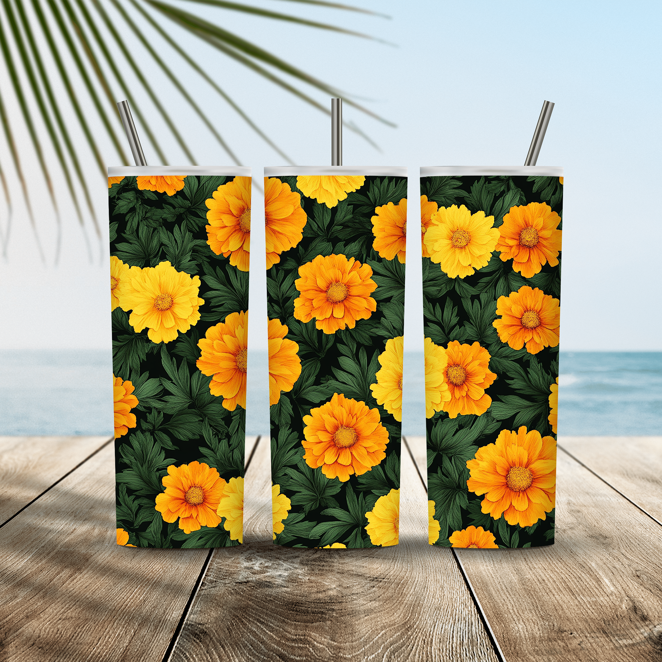 Personalized Calendula Tumbler with Custom Name, Botanical Floral Gift