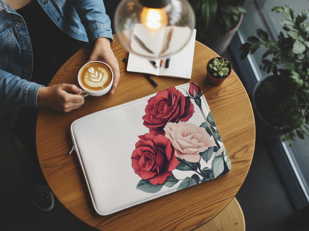 Rose Art Laptop Sleeve with Custom Name Personalized Botanical Tech Cover