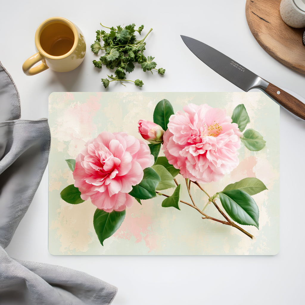 Camellia Blossom Glass Cutting Board Personalized for Timeless Kitchen Elegance