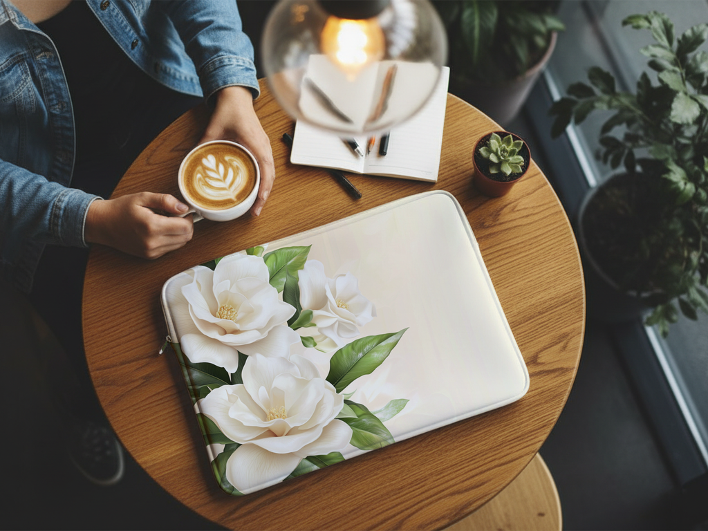 White Magnolia Bloom Laptop Case with Personalized Name